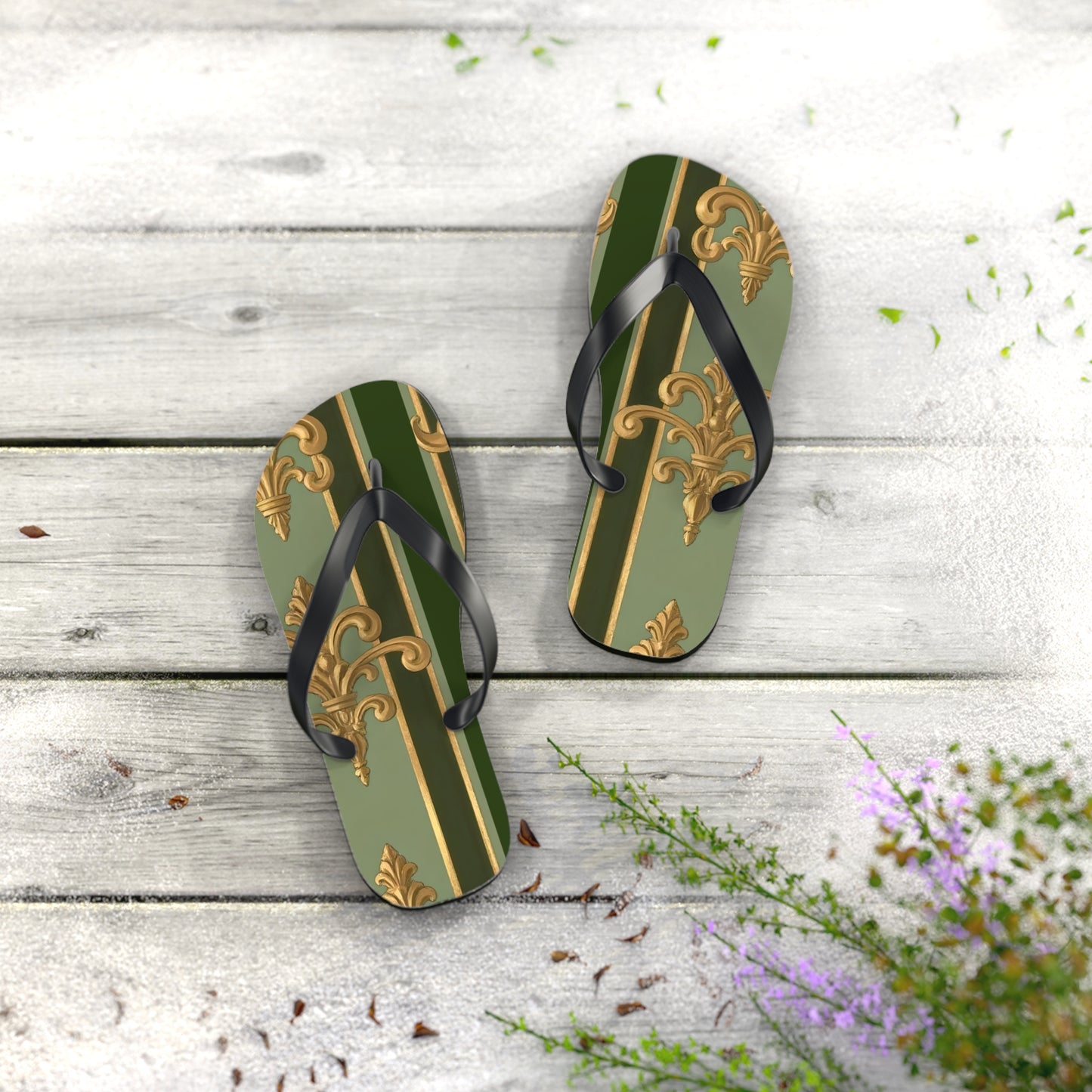 Elegant Vintage Flip Flops for Summer, Casual Sandals, Beachwear, Vacation Footwear, Summer Parties - Green Striped Gold Baroque