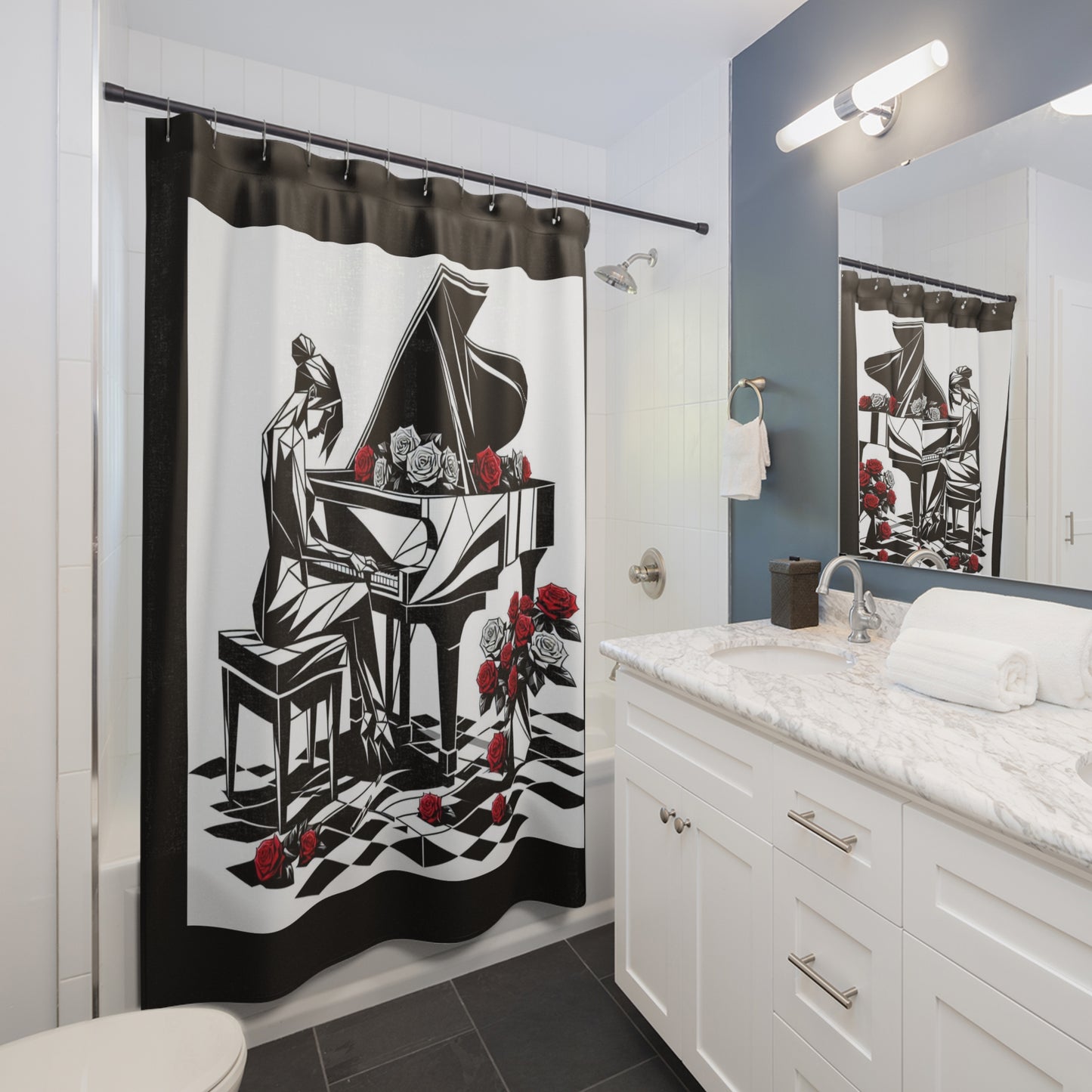 Elegant Piano Shower Curtain with Roses - Artistic Bathroom Decor