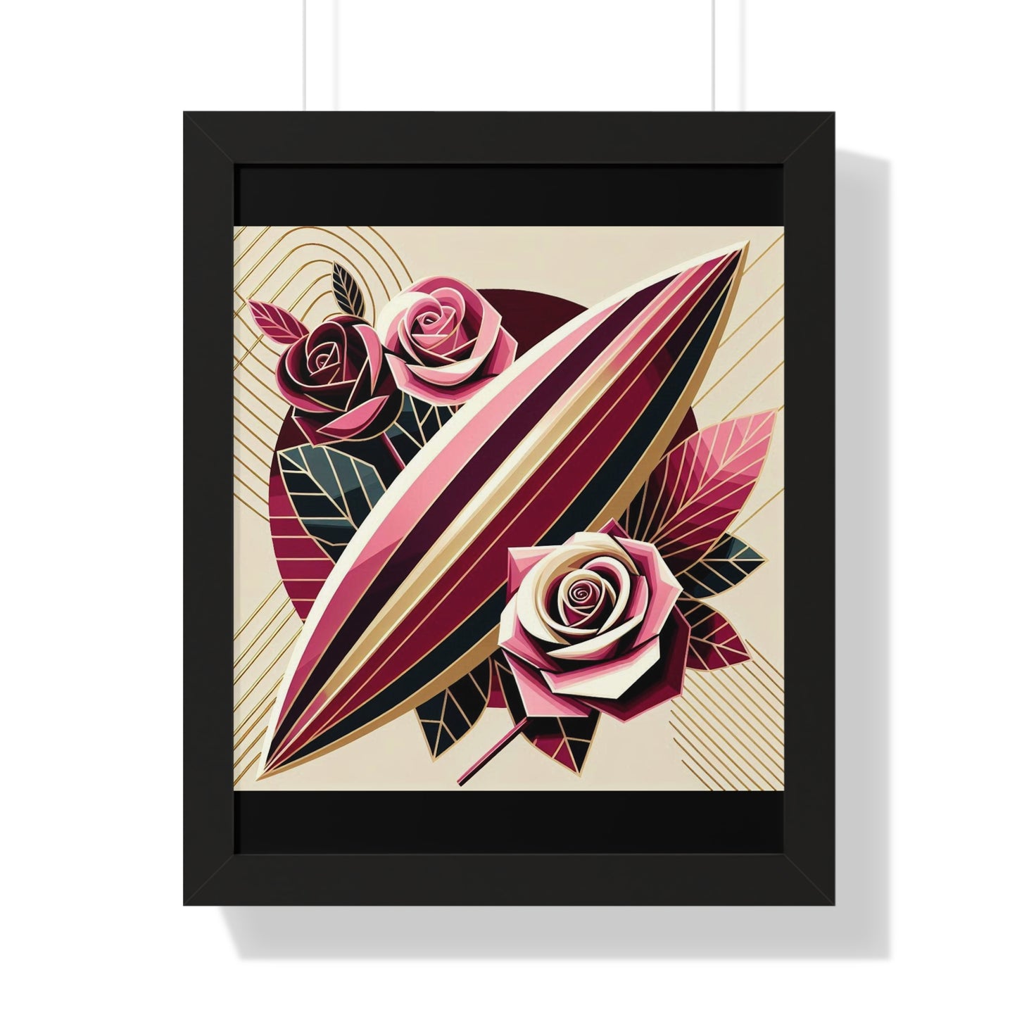 Vertical Poster - Pink & Burgundy Striped Surfboard & Roses Wall Art