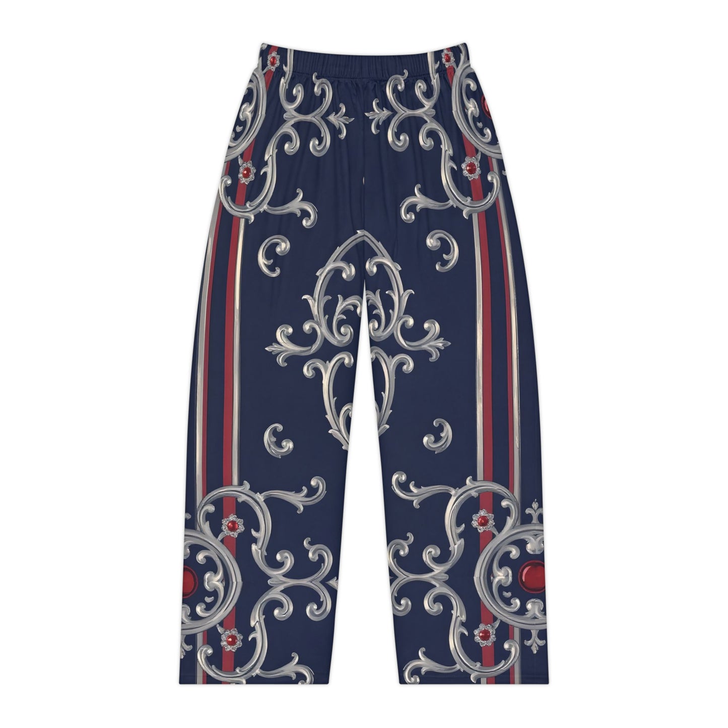 Elegant Women's Pajama Pants, Cozy Loungewear, Sleepwear for Relaxation, Perfect Gift for Her - Blue & Red Striped Silver Baroque