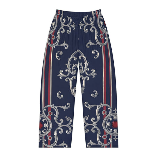 Elegant Women's Pajama Pants, Cozy Loungewear, Sleepwear for Relaxation, Perfect Gift for Her - Blue & Red Striped Silver Baroque