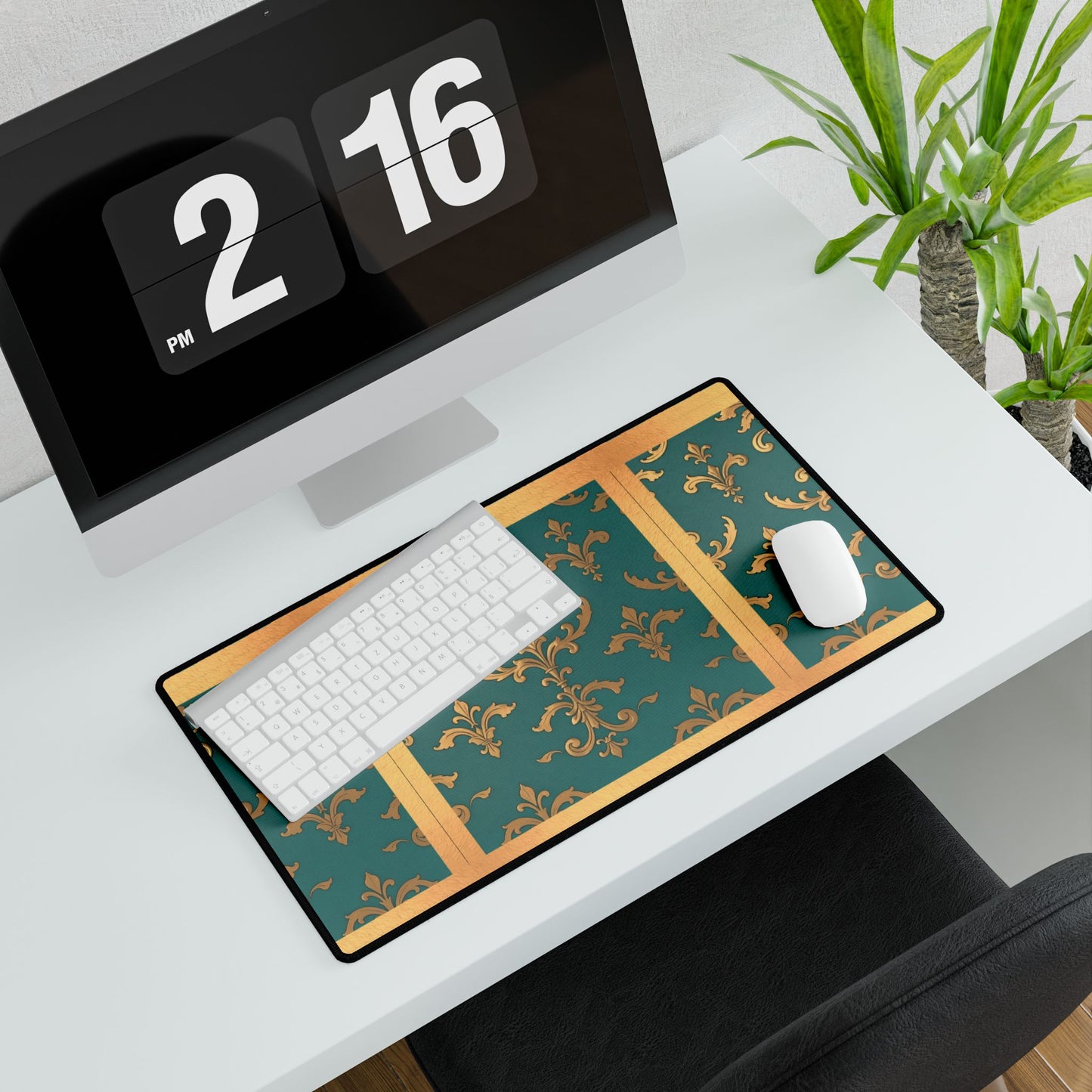 Elegant Floral Desk Mat for Home Office Decor - Aqua & Gold Damask