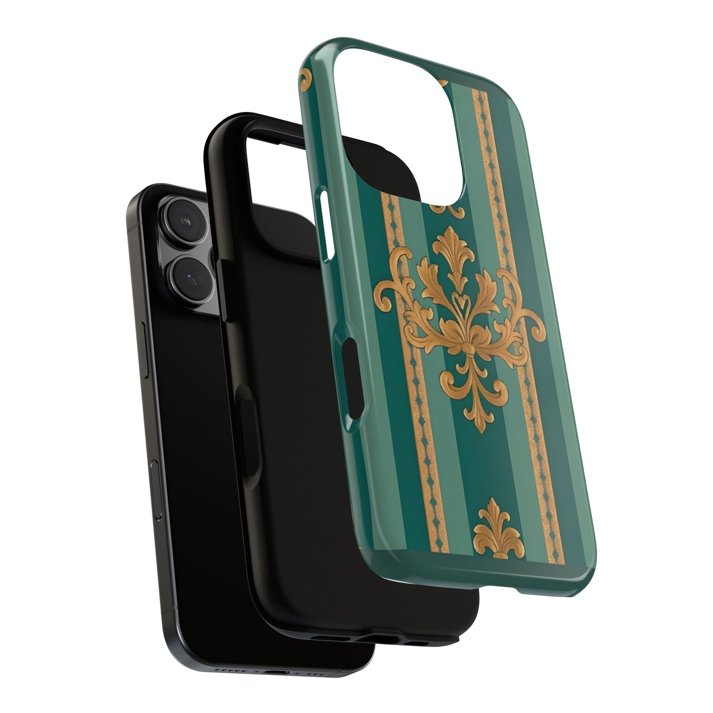 Elegant Floral Motif Phone Case - Tough Cases with Vintage Design - Teal Striped Gold Damask