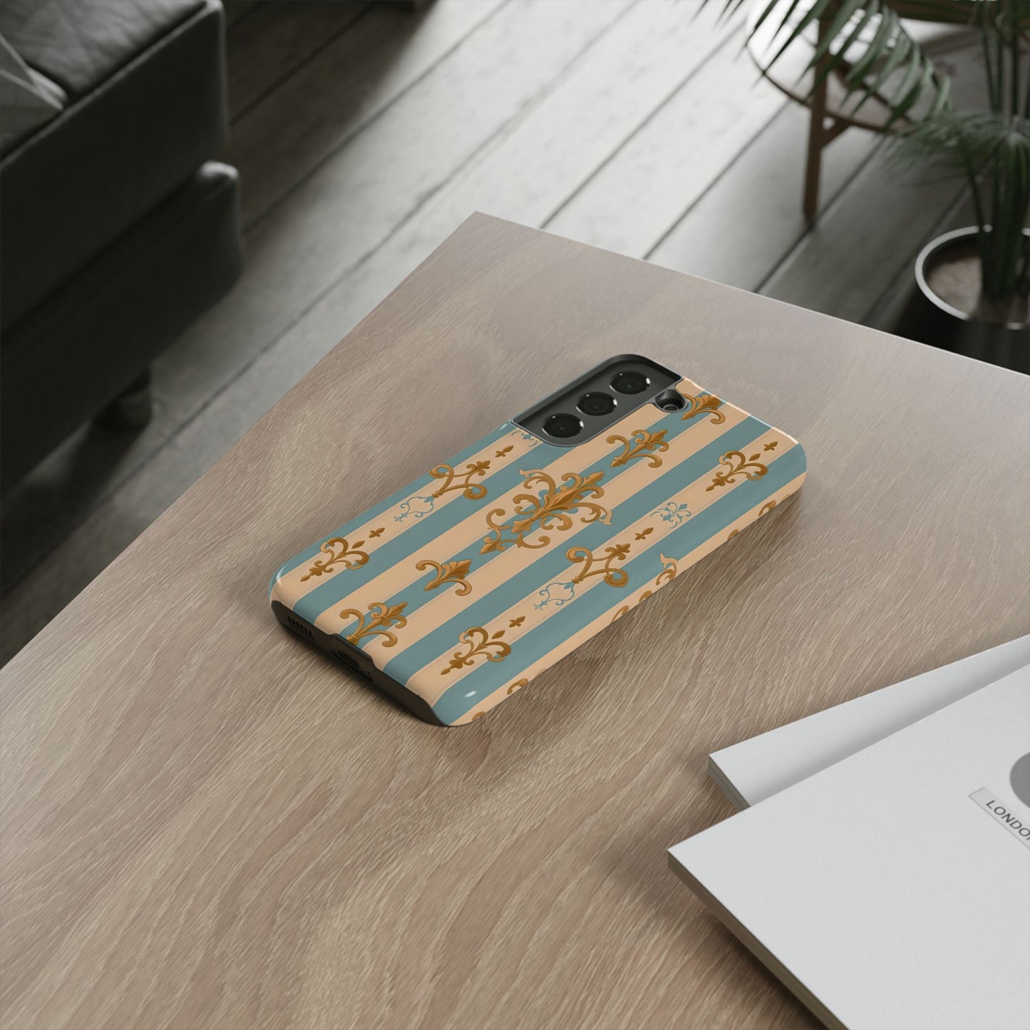 Elegant Floral Motif Phone Case - Tough Cases with Vintage Design -  Beige & Sky Blue Striped Gold Damask