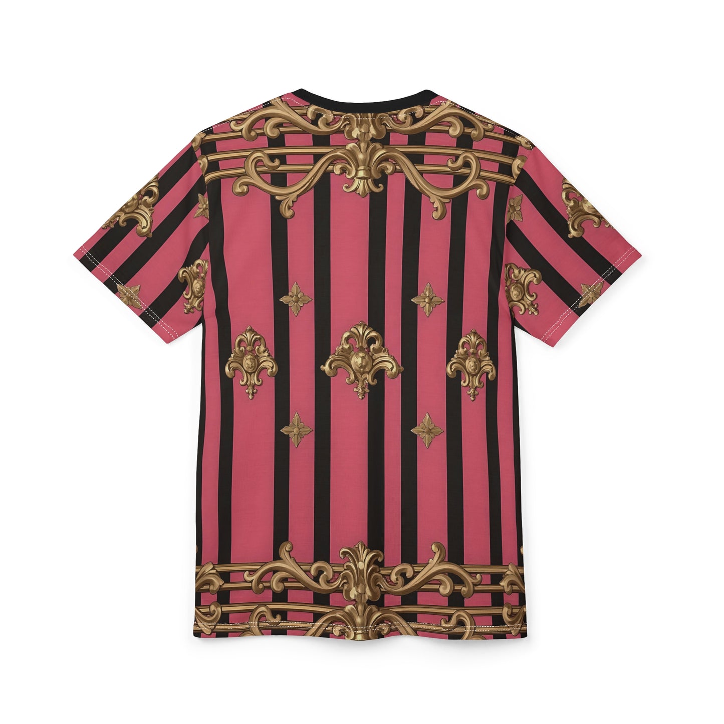 Luxurious Baroque Pattern Unisex Tee, Fashion Tee, Graphic T-shirt, Gift for Her, Statement Tee, Casual Wear - Pink Striped Gold Rococo