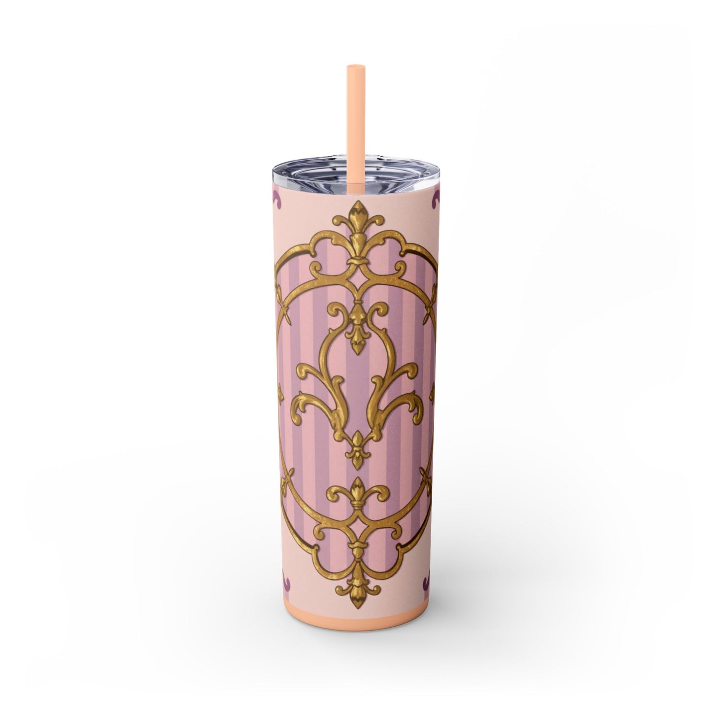 Elegant Lavender & Alabaster Striped Gold Baroque Tumbler - Insulated 20oz Skinny Cup with Straw, Ideal for Gifts, Parties, and Daily Use