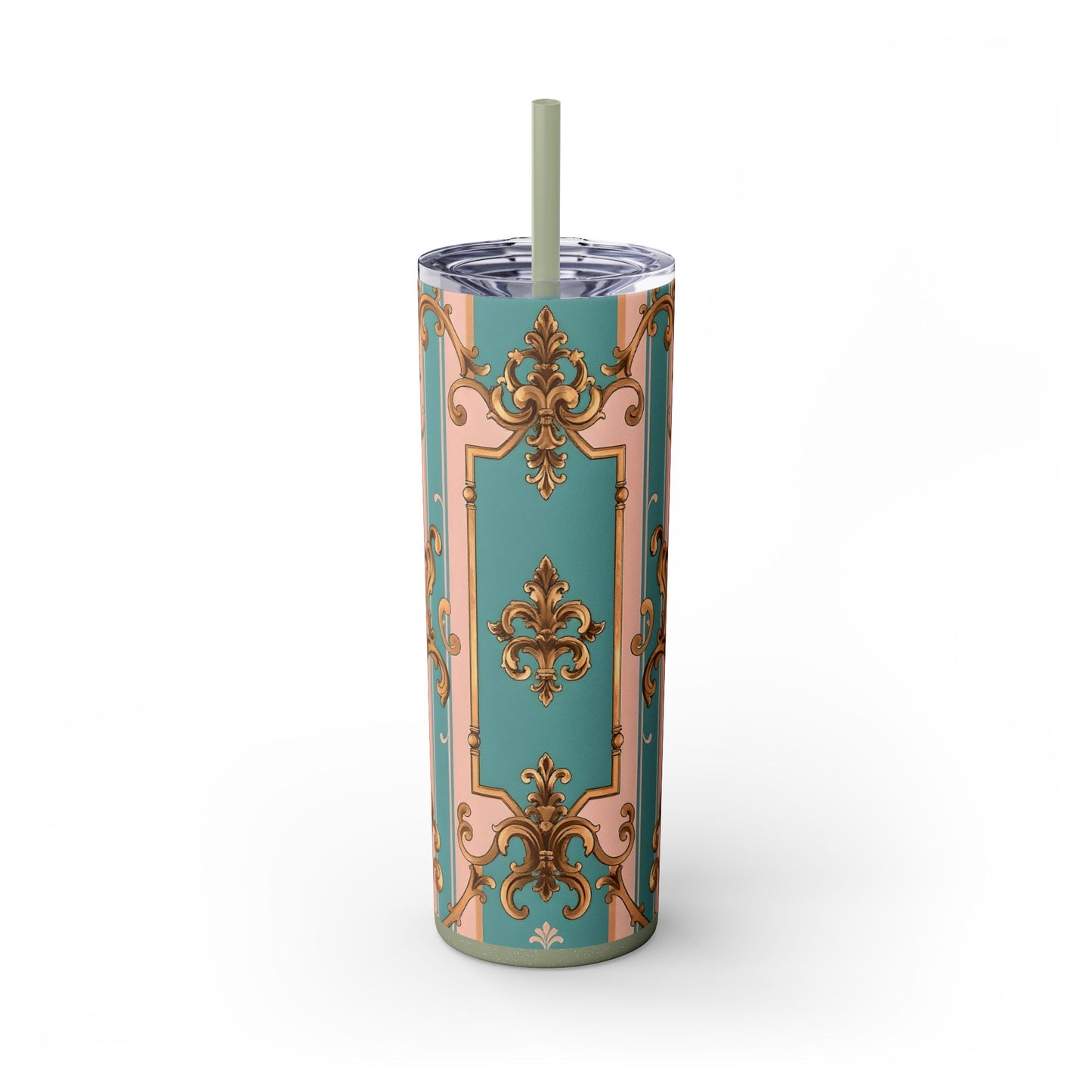 Elegant Floral Skinny Tumbler, 20oz Travel Mug, Stylish Drinkware, Perfect Gift for Her, Vintage Inspired - Pink & Matte Turquoise Striped Rococo