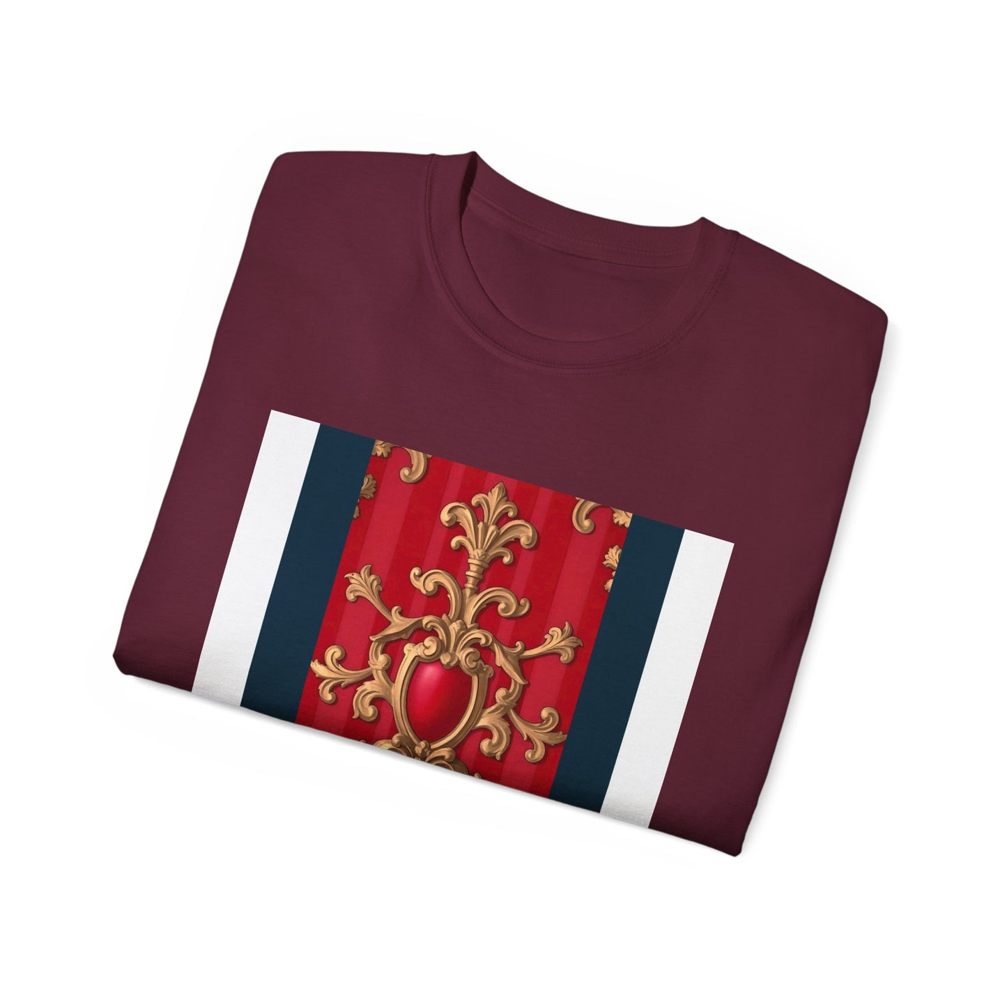 Regal Red Baroque T-Shirt, Artistic Tee, Gift for Art Lovers, Fashionable Statement Shirt, Unique Graphic Top - Blue, Red & White Striped Baroque