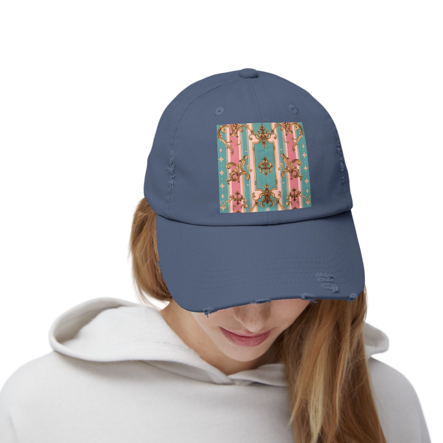 Stylish Unisex Distressed Cap with Floral Pattern, Casual Hat, Trendy Headwear, Summer Accessory - Pink & Matte Turquoise Striped Rococo