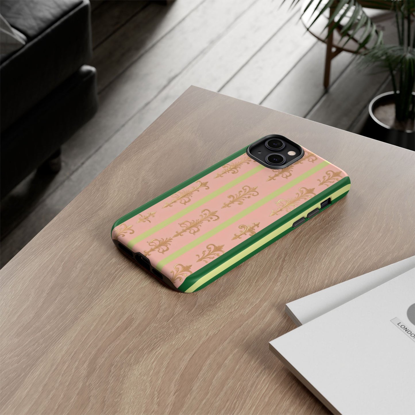 Elegant Floral Motif Phone Case - Tough Cases with Vintage Design - Lime Green & Pink Striped Damask