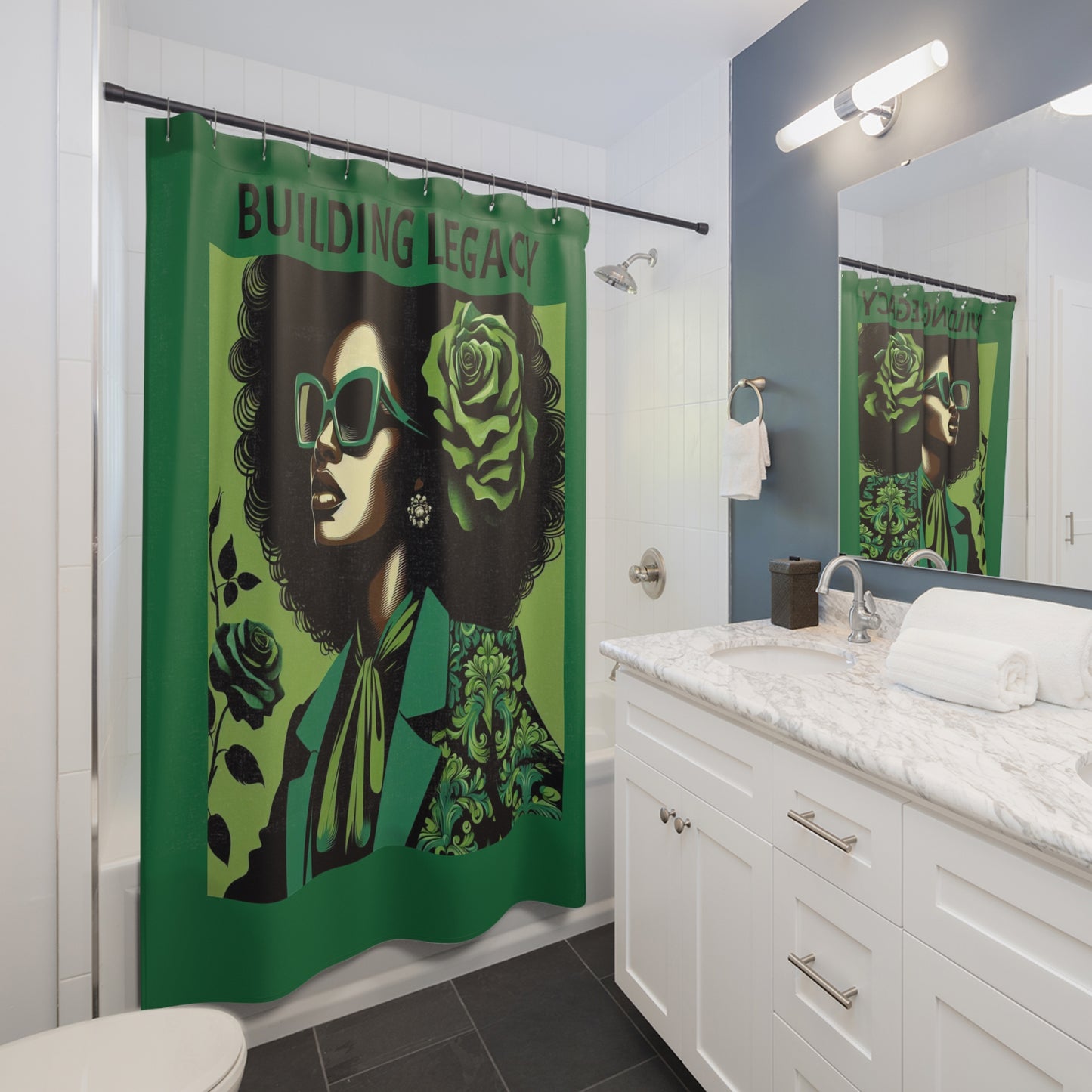 Chic Afro Woman Shower Curtain - Vibrant Bathroom Decor, Boho Home, Unique Gift for Her, Green Floral Design, Modern Art - Building Legacy