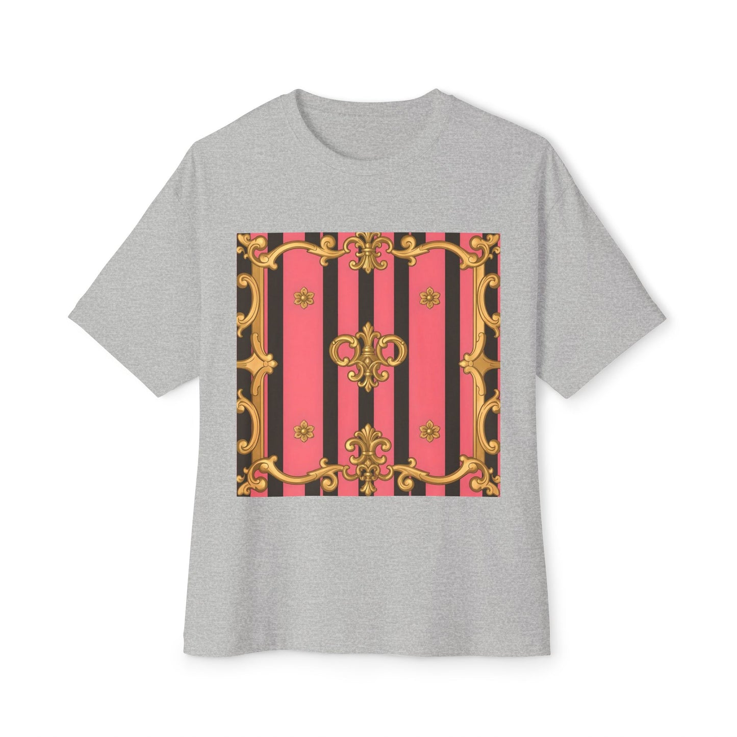 Chic Vintage-Inspired Oversized Tee, Stylish Graphic T-Shirt, Baroque Tee, Casual Summer Shirt - Pink & Black Striped Gold Baroque