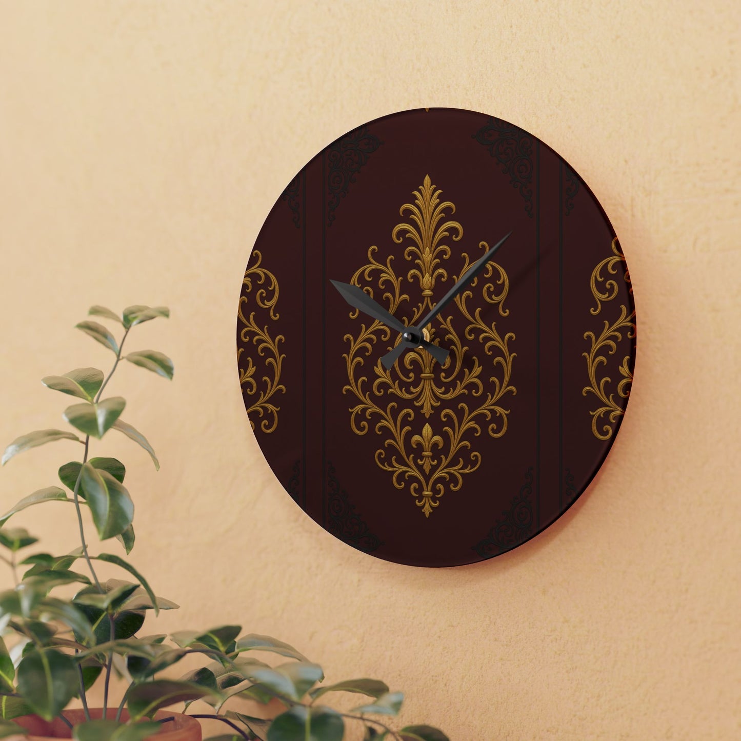 Dusk Burgundy-Black & Gold Baroque Acrylic Wall Clock - Elegant Burgundy & Gold Home Decor