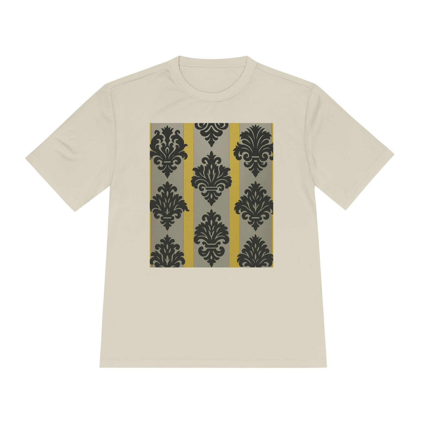 Elegant Patterned Unisex Moisture Wicking Tee, Activewear, Casual Tee, Gift for Him/Her, Stylish Sportswear - Silver & Gold Striped Black Baroque