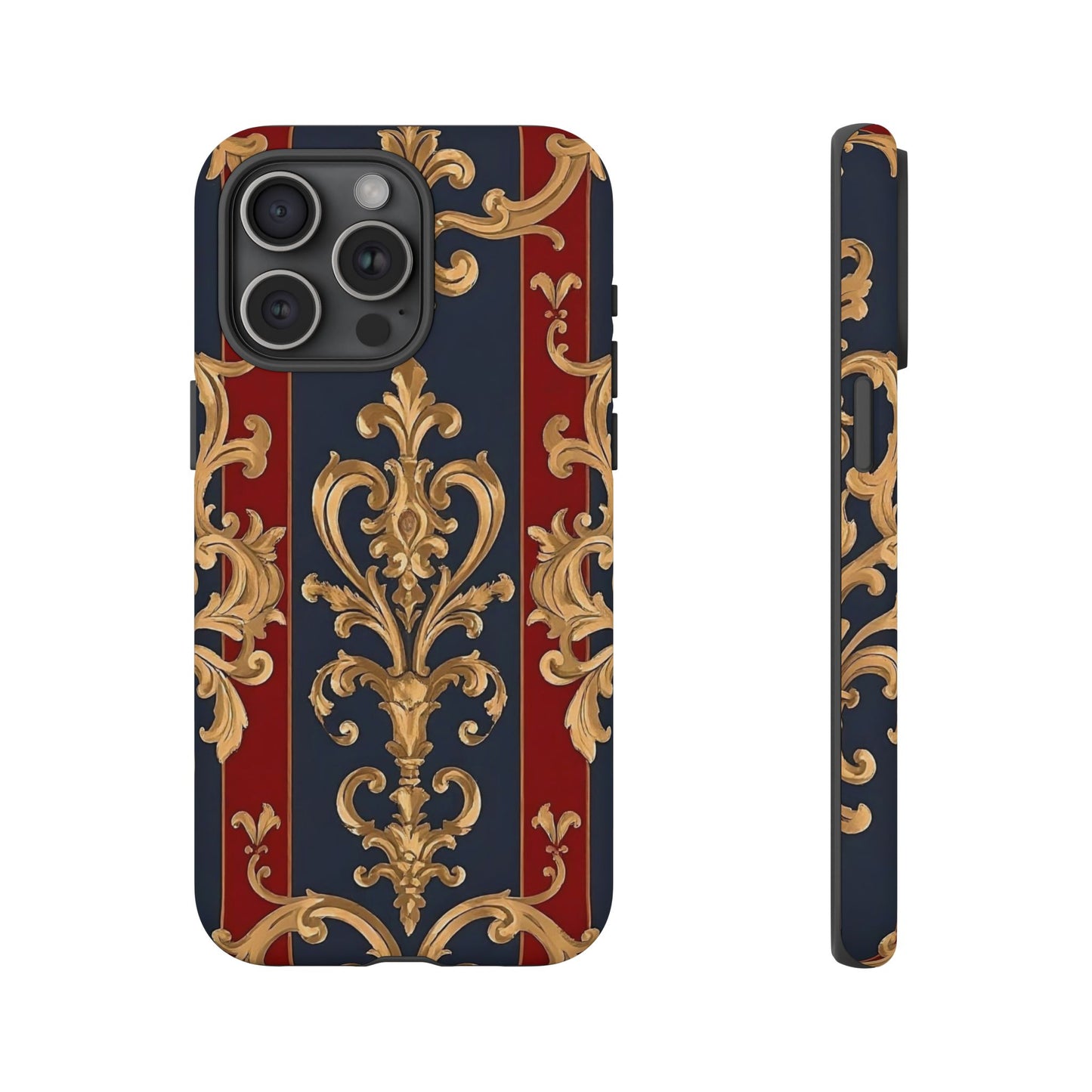 Elegant Floral Motif Phone Case - Tough Cases with Vintage Design - Midnight Blue & Dusk Red Striped Gold Damask