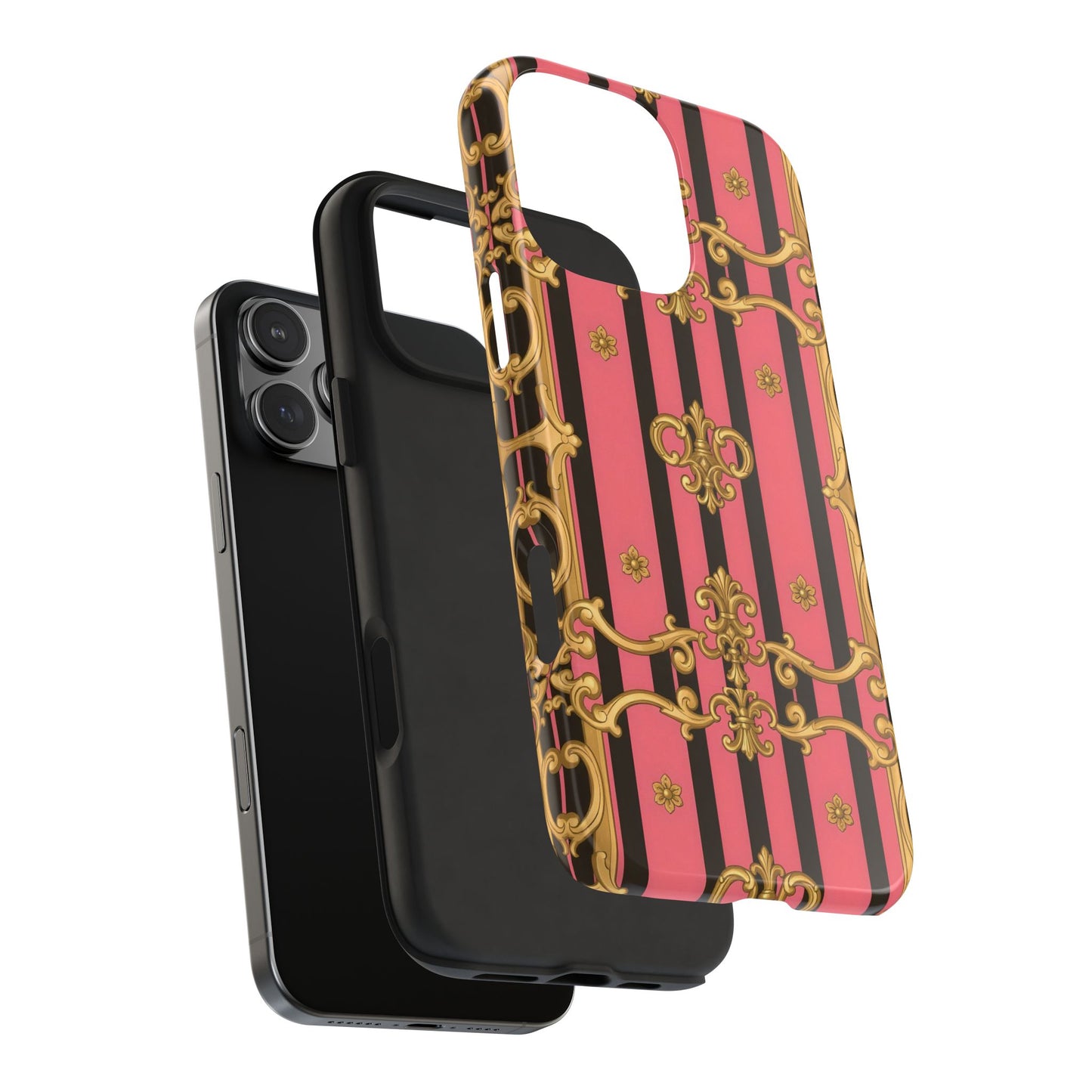 Elegant Baroque Tough Phone Cases, Stylish Protection, Gift for Her, Trendy Accessory - Pink & Black Striped Gold Baroque