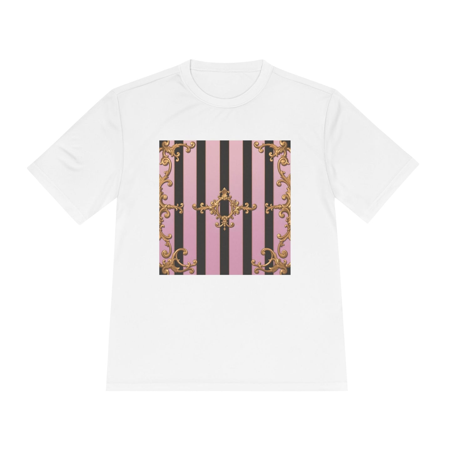 Elegant Striped Unisex Moisture Wicking Tee, Stylish Workout T-Shirt, Fashionable Athletic Top - Matte Lavender & Black Striped Gold Baroque