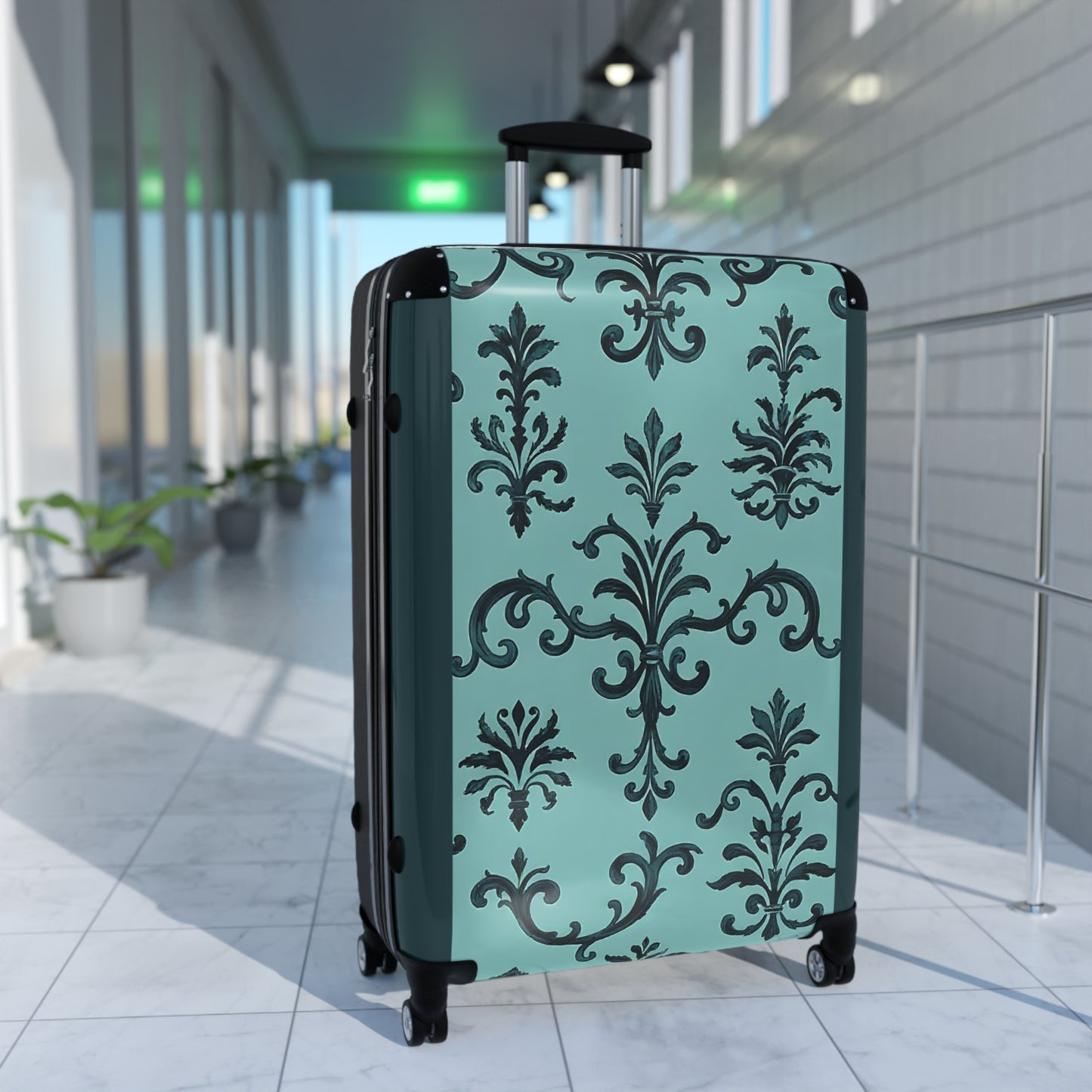 Elegant Damask Style Suitcase - Travel Luggage, Personalized Gift for Travelers, Stylish Carry-On for Vacations - Teal Striped Rococo