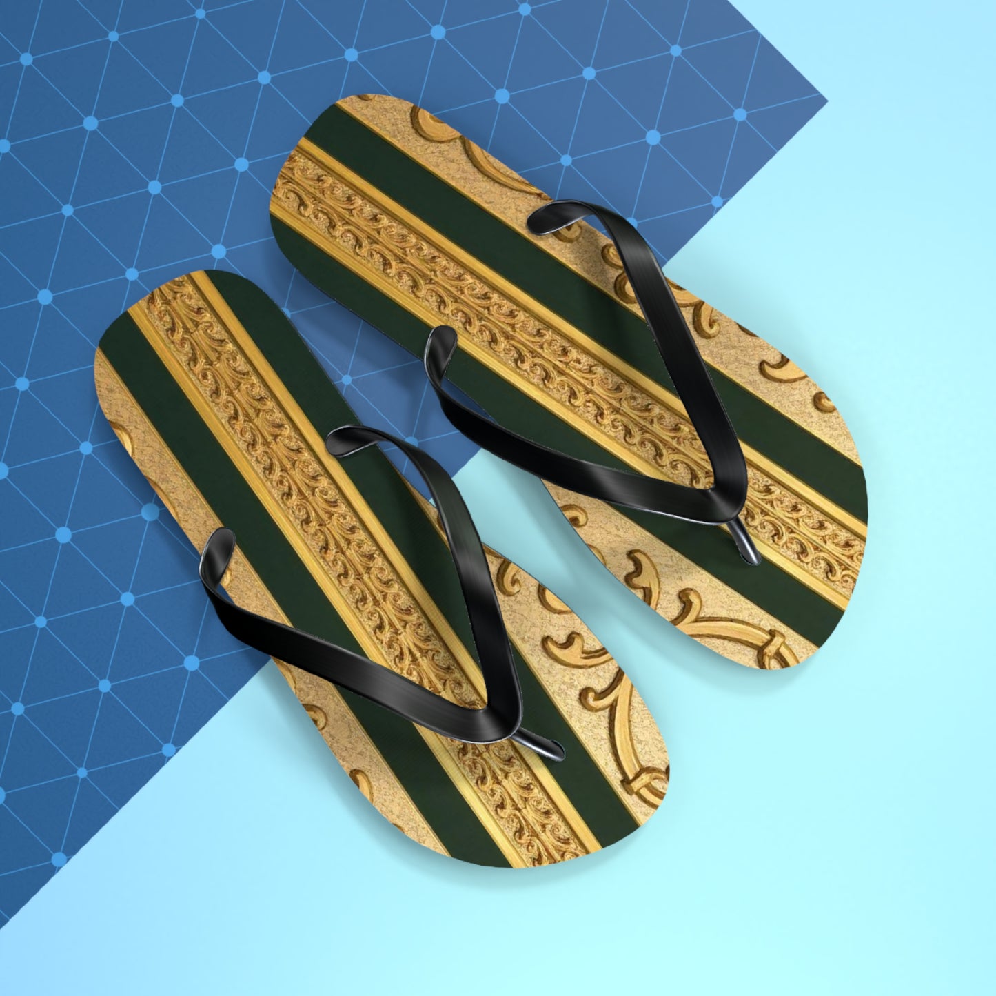 Elegant Teal Striped Gold Baroque Flip Flops, Summer Sandals, Beach Footwear, Vacation Essentials, Stylish Slippers, Poolside Accessories