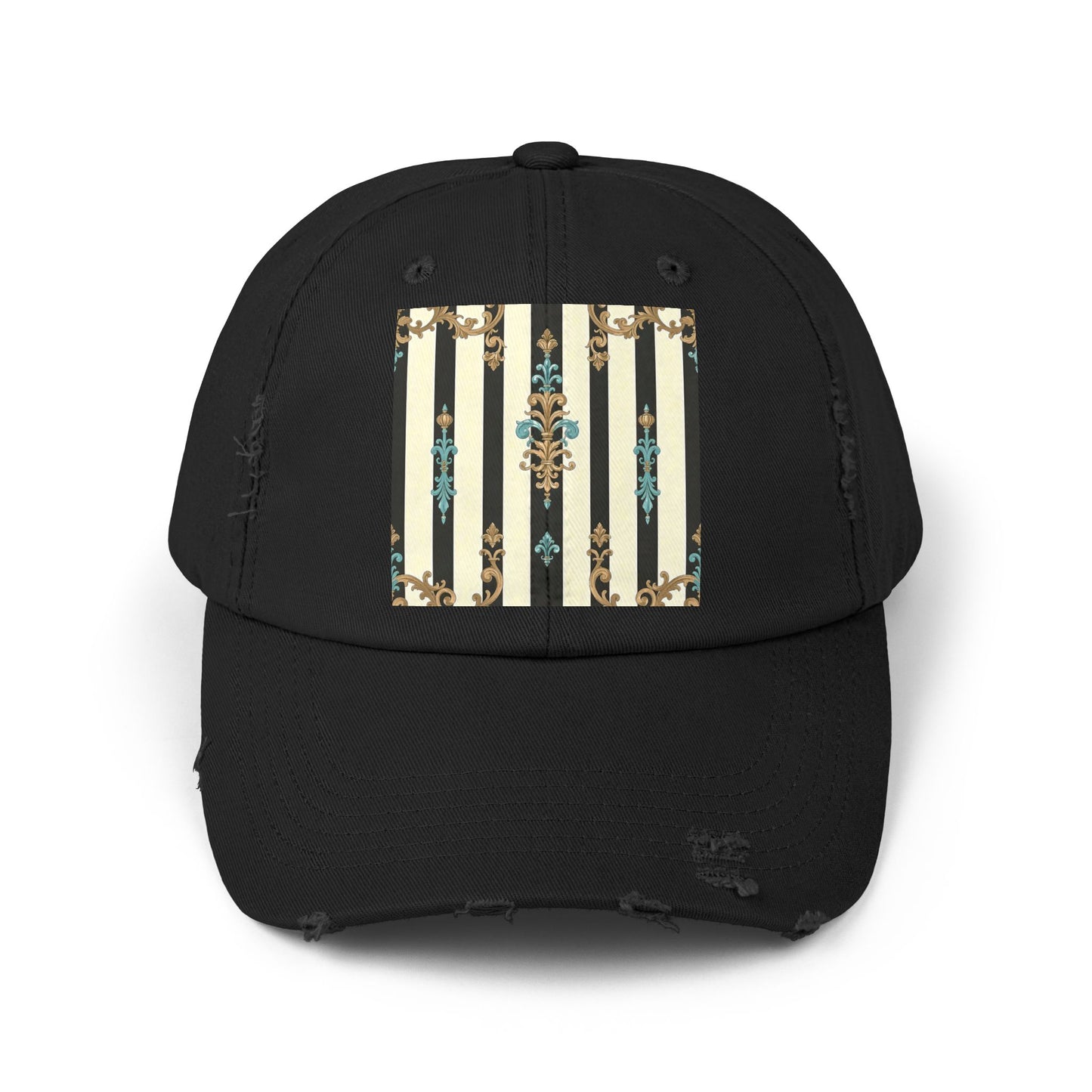 Trendy Distressed Cap for Fashion Lovers, Casual Cap, Gift for Him, Gift for Her - Black Striped Turquoise & Black Rococo