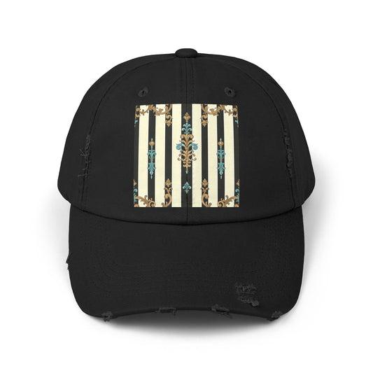 Trendy Distressed Cap for Fashion Lovers, Casual Cap, Gift for Him, Gift for Her - Black Striped Turquoise & Black Rococo