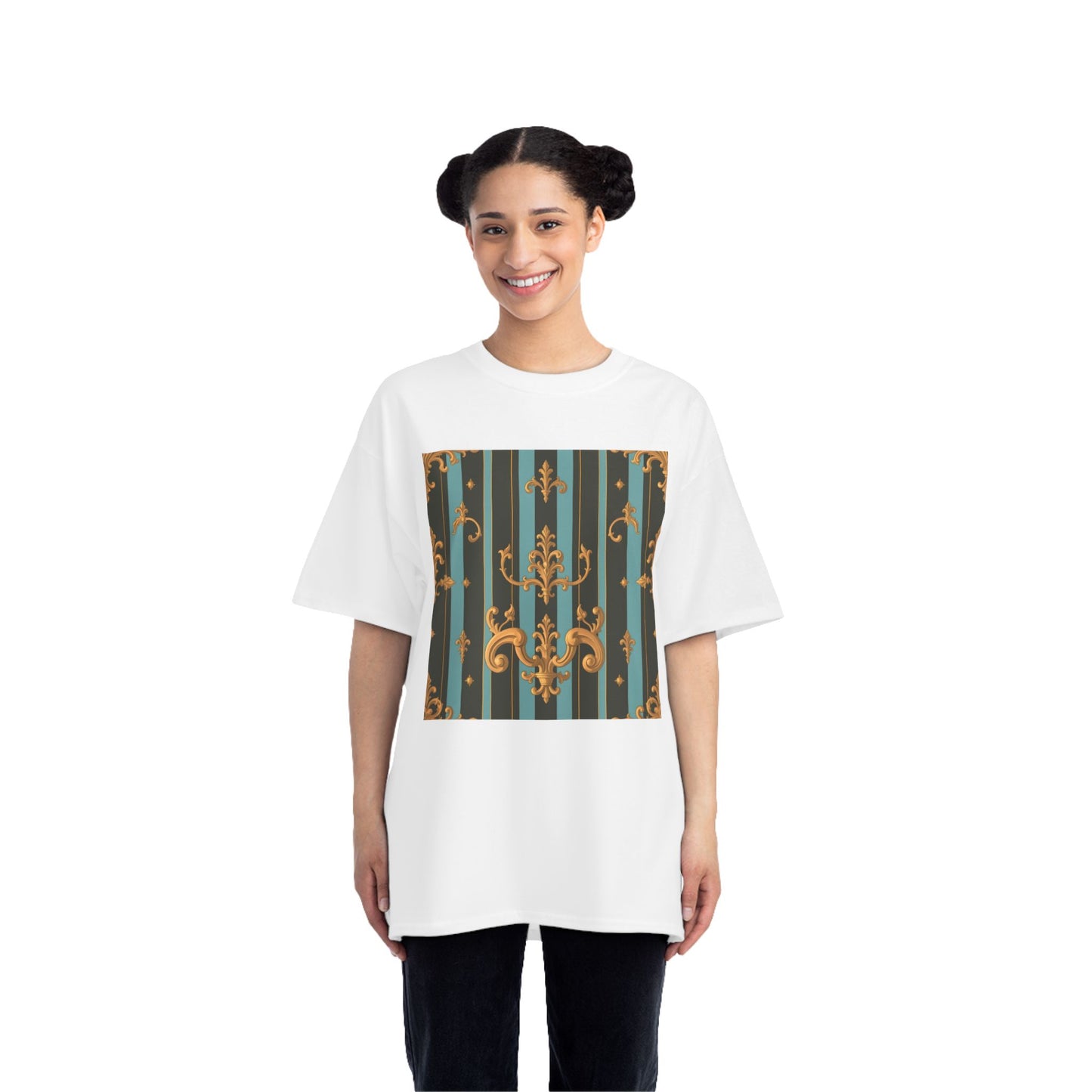 Elegant Vintage Pattern T-Shirt, Stylish Tee for Everyday Wear, Retro Design Shirt, Perfect Gift for Art Lovers - Black & Turquoise Striped Baroque