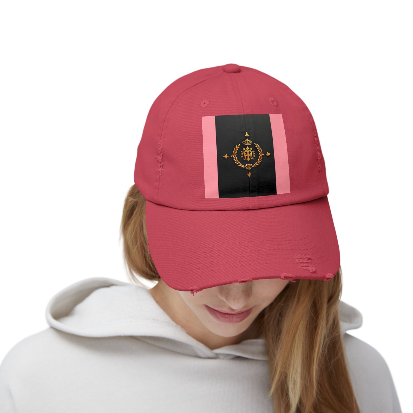 Stylish Unisex Distressed Cap with Trendy Design, Casual Accessories for Everyday Wear, Fashion Statement Cap - Pink Striped Gold Crest