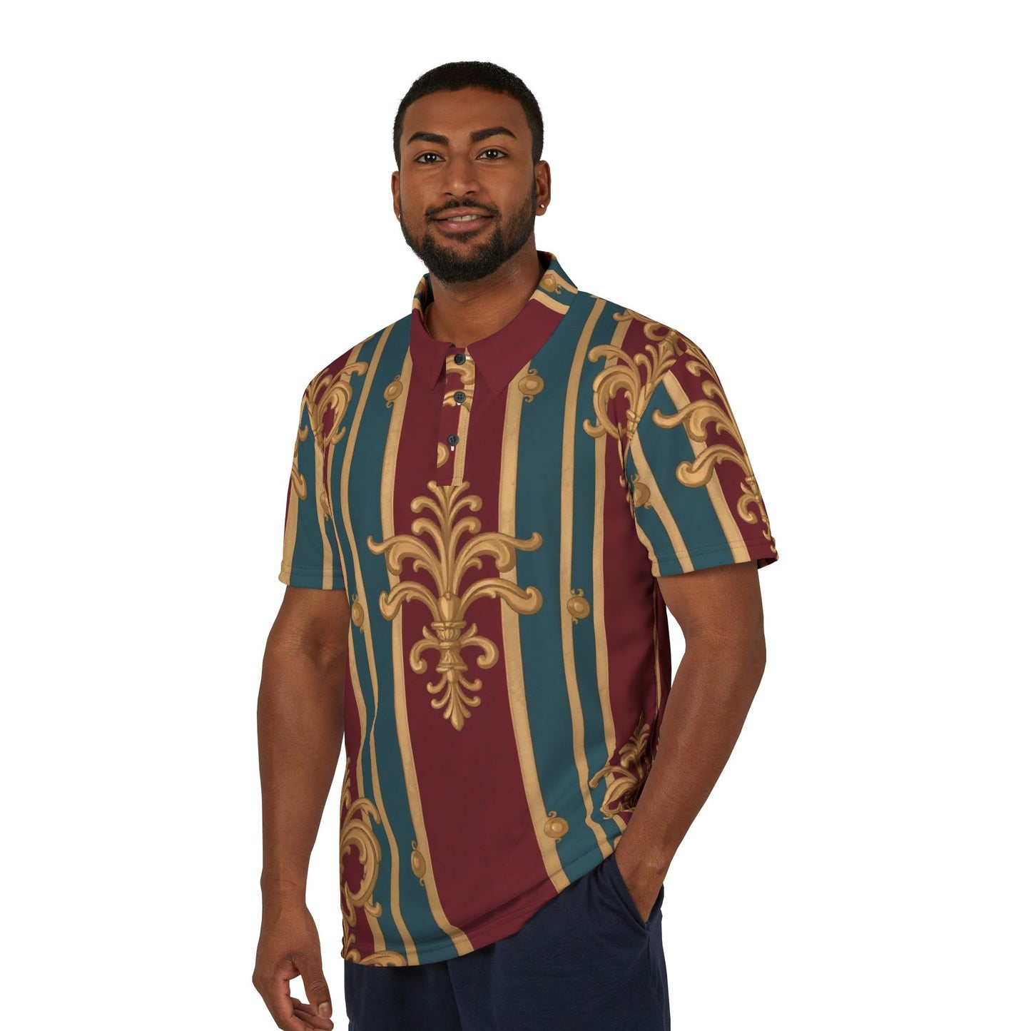 Elegant Unisex Polo Shirt, Stylish Casual Wear, Vintage Fashion, Seasonal Outfits, Gift for Him or Her - Burgundy Striped Gold Baroque