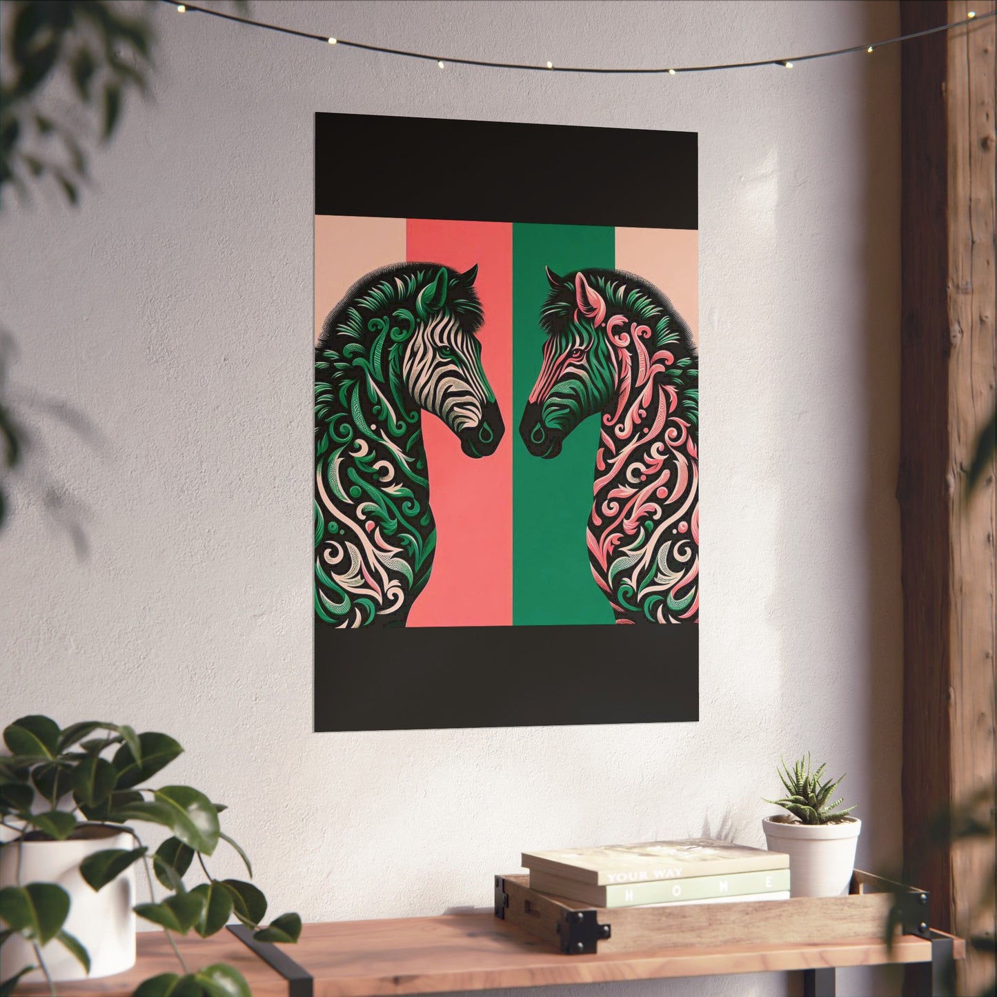 Floral Art Poster - Elegant Matte Vertical Wall Decor - Pink & Green Zebra Damask Design