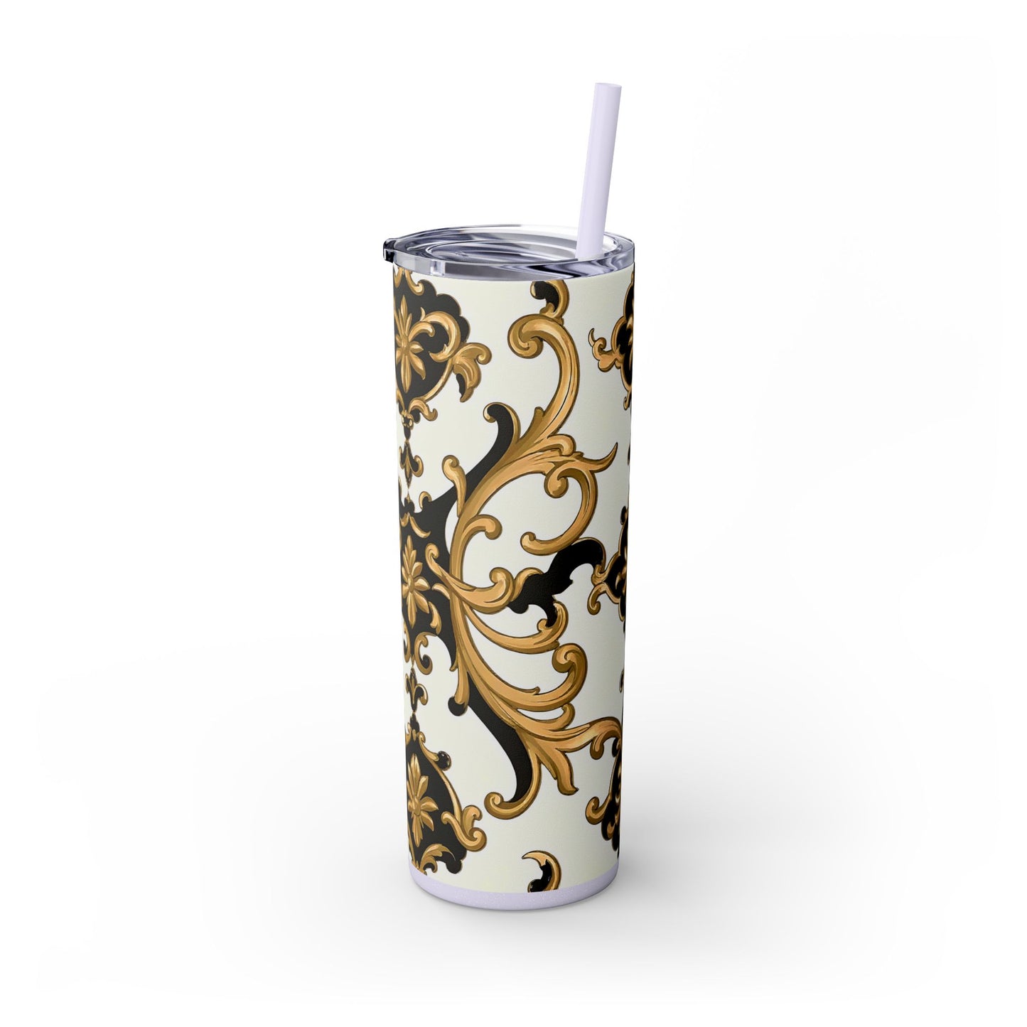 Elegant Gold Floral Skinny Tumbler, 20oz | Insulated Cup for Hot & Cold Drinks, Travel Mug, Gift for Mom, Stylish Drinkware - Black & Gold Rococo