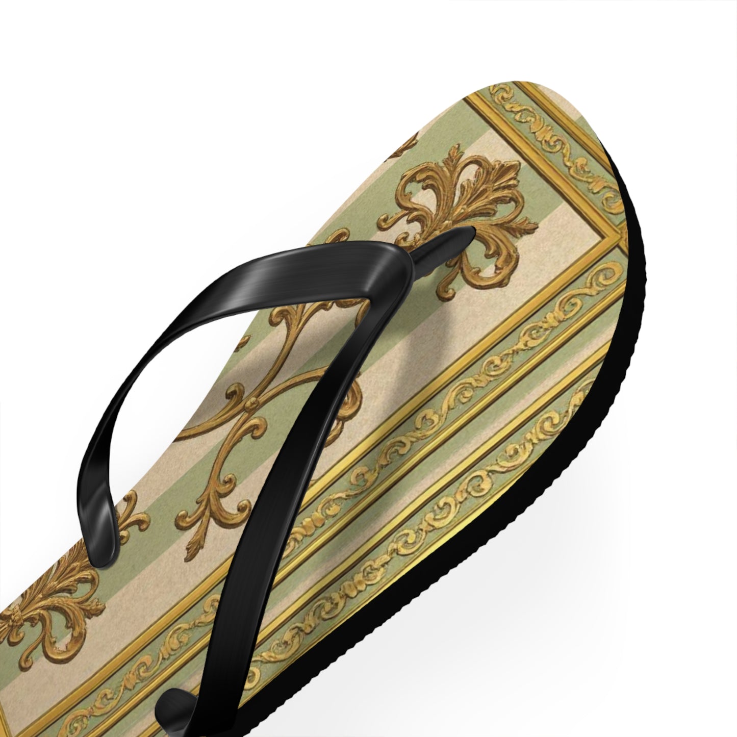 Elegant Floral Flip Flops for Summer, Beach Footwear, Stylish Sandals, Vacation Essentials, Outdoor Slip-On Shoes - Mint & Beige Striped Gold Baroque