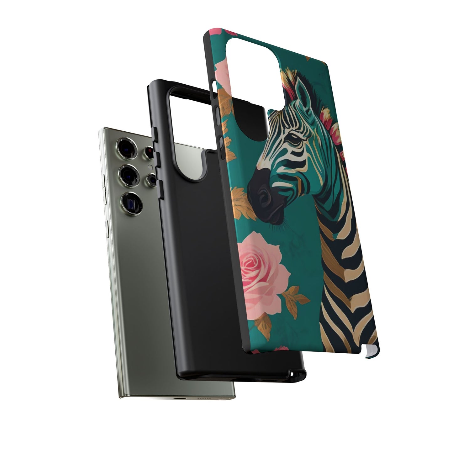 Phone Case - Elegant Teal & Gold Zebra & Roses Design