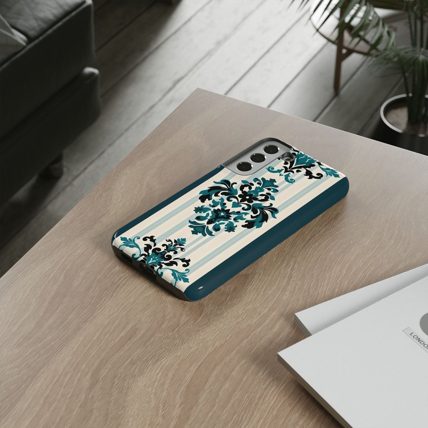 Elegant Floral Phone Case - Tough Cases with Vintage Design - Teal Striped Damask