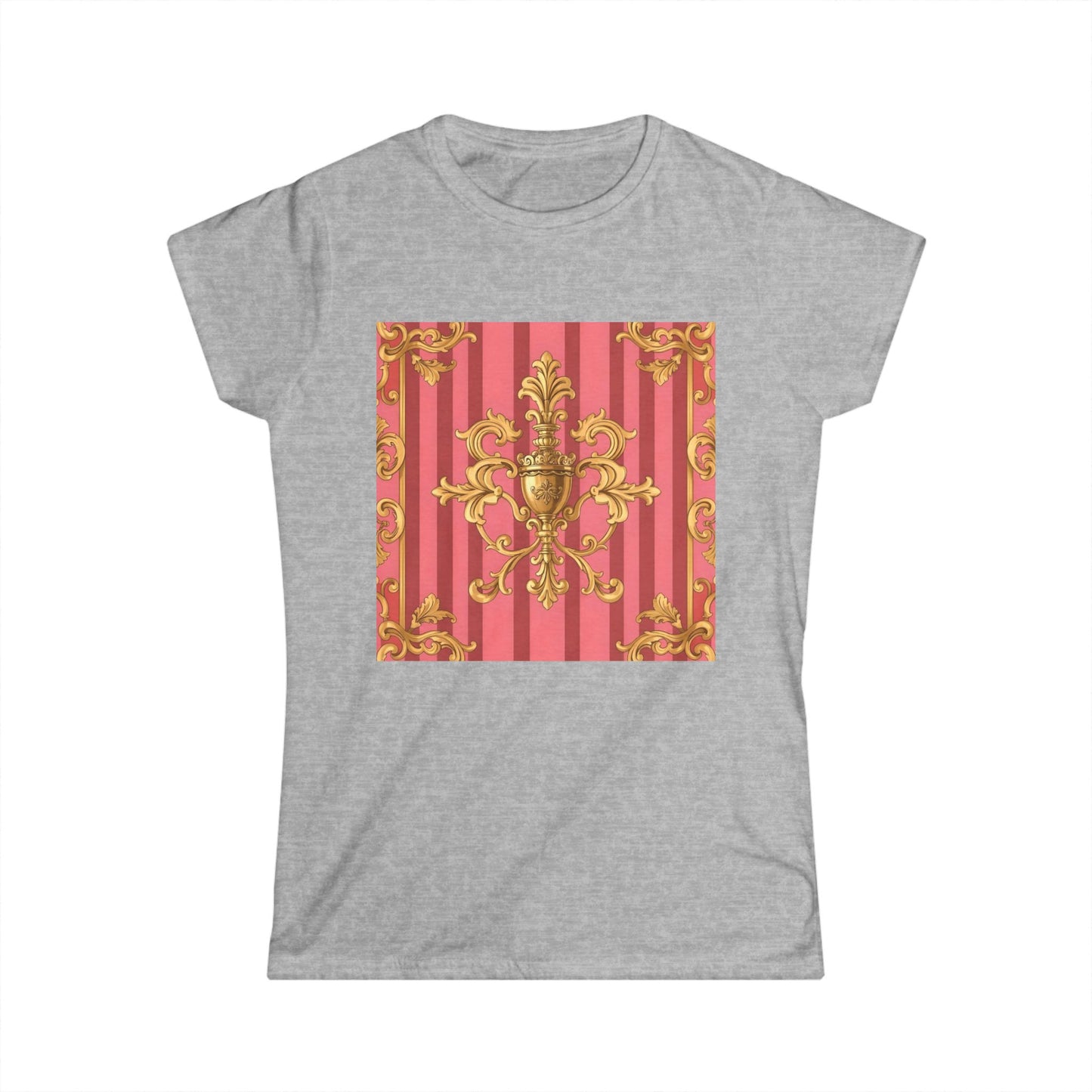 Chic Baroque Pattern Women's Softstyle Tee, Casual Summer Fashion, Gift for Her, Elegant Everyday Wear - Pink Striped Gold Baroque