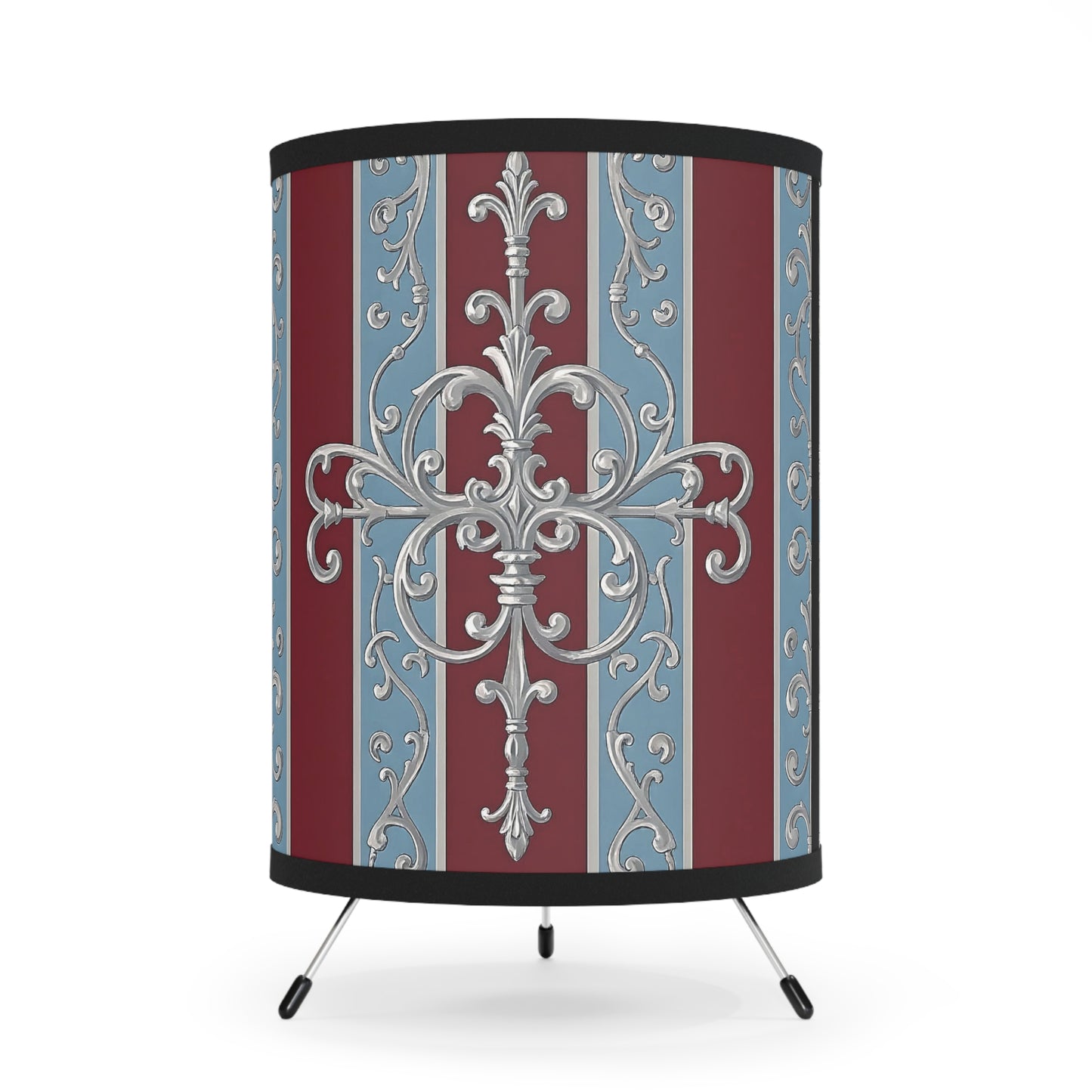 Elegant Tripod Lamp with Vintage Floral Design - Ice Blue & Burgundy Striped Baroque