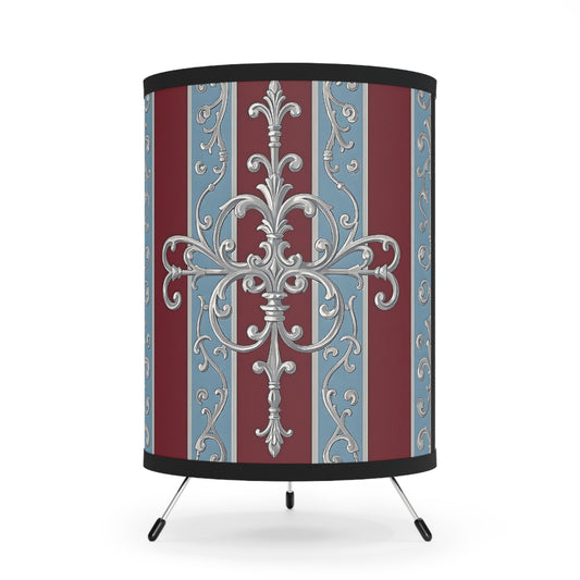 Elegant Tripod Lamp with Vintage Floral Design - Ice Blue & Burgundy Striped Baroque