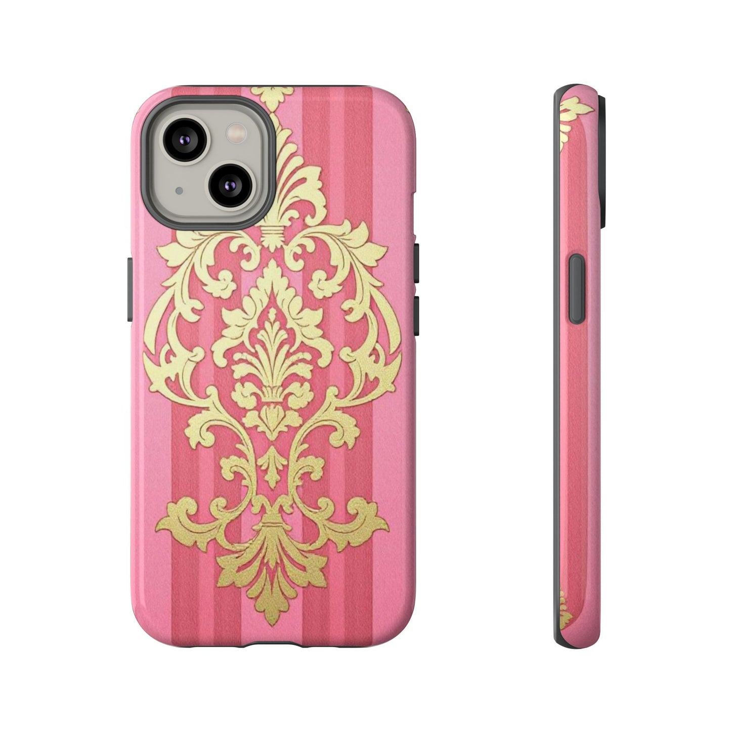 Elegant Floral Motif Phone Case - Tough Cases with Vintage Design - Pink Striped Damask