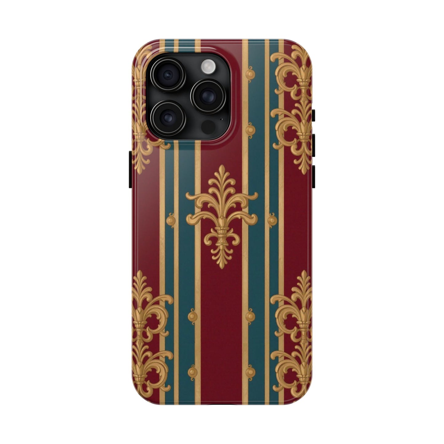 Elegant Vintage Tough Phone Case, Luxury Phone Protection, Stylish Phone Cover, Durable Phone Accessory - Burgundy Striped Gold Baroque