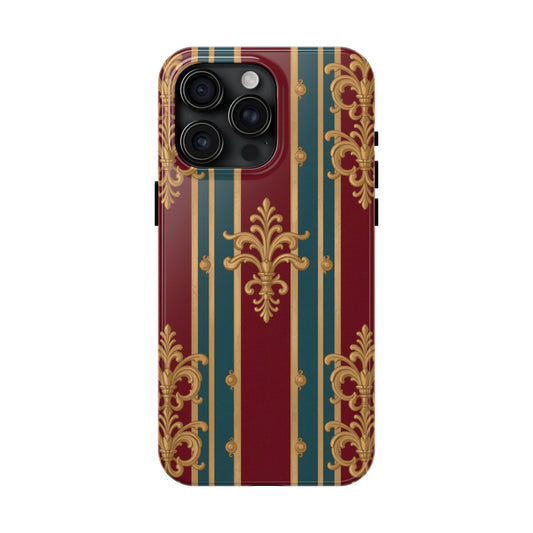 Elegant Vintage Tough Phone Case, Luxury Phone Protection, Stylish Phone Cover, Durable Phone Accessory - Burgundy Striped Gold Baroque