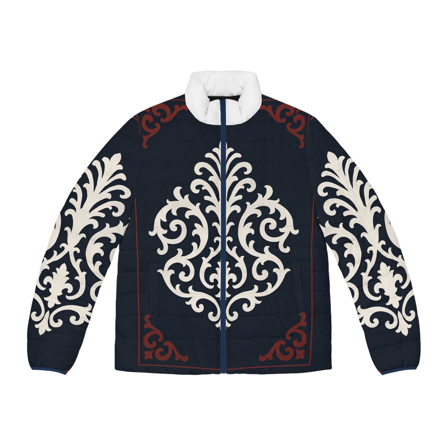 Dusk Blue & Maroon-White Baroque Men's Puffer Jacket — Baroque Pattern Quilted Coat