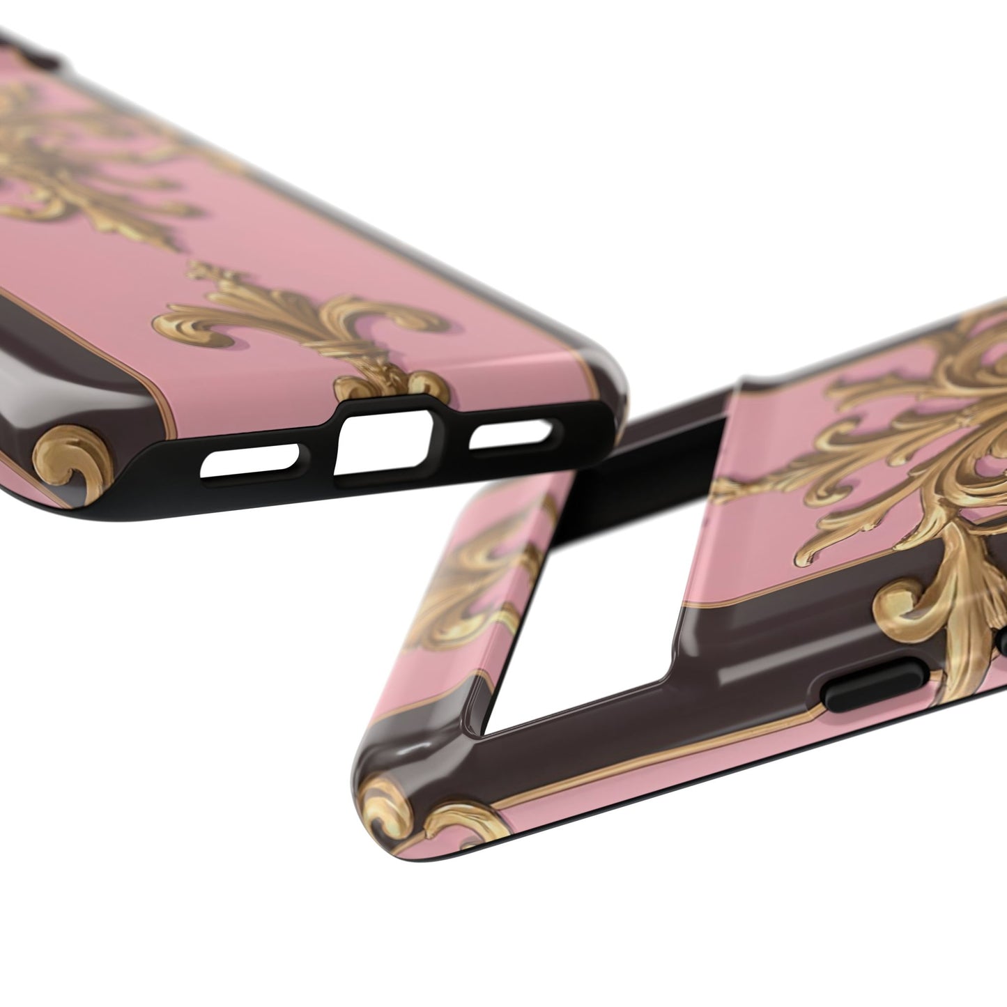 Elegant Floral Motif Phone Case - Tough Cases with Vintage Design - Pink & Brown Striped Gold Damask