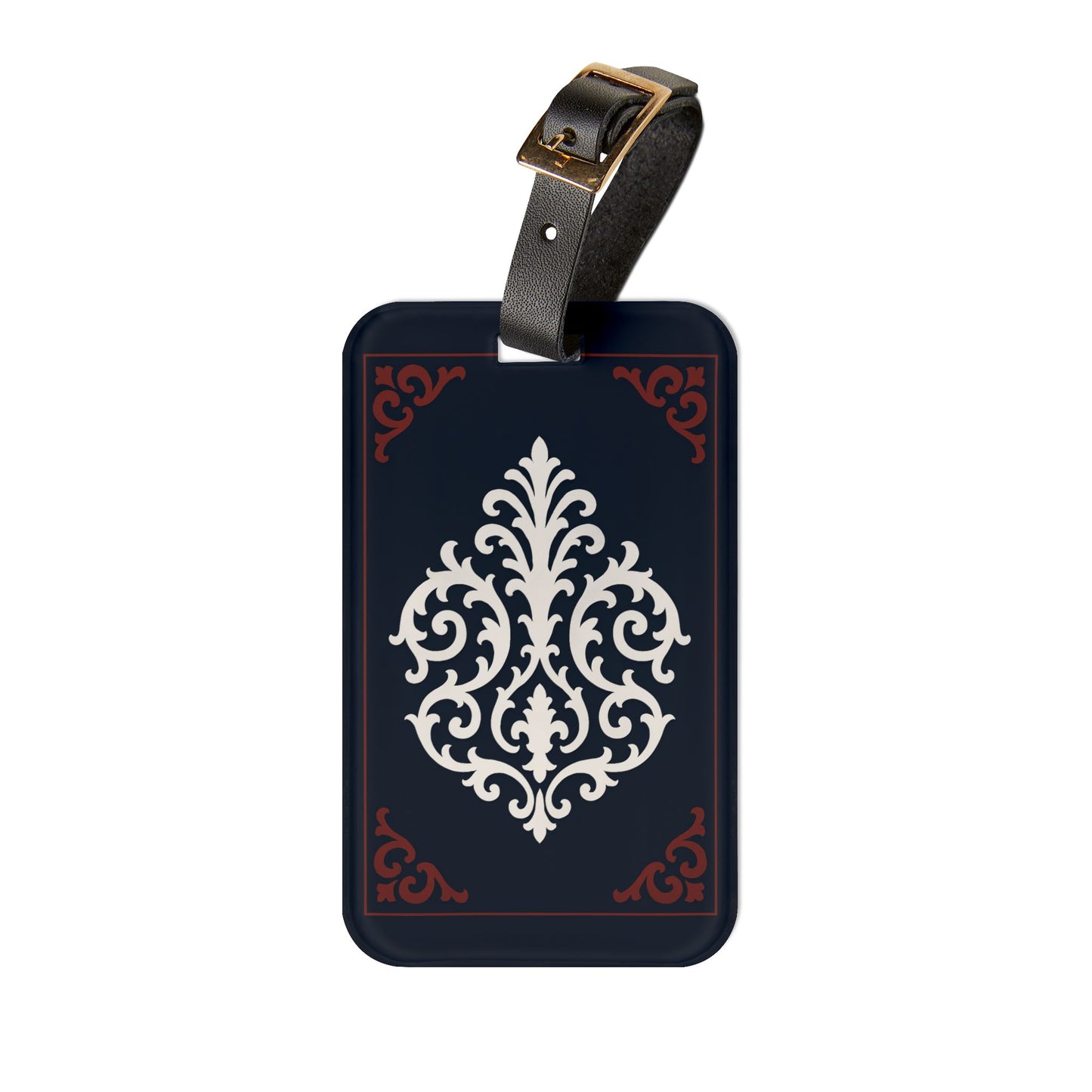 Dusk Blue-Maroon & White Baroque Luggage Tag — Vintage Dusk Blue & White Travel ID