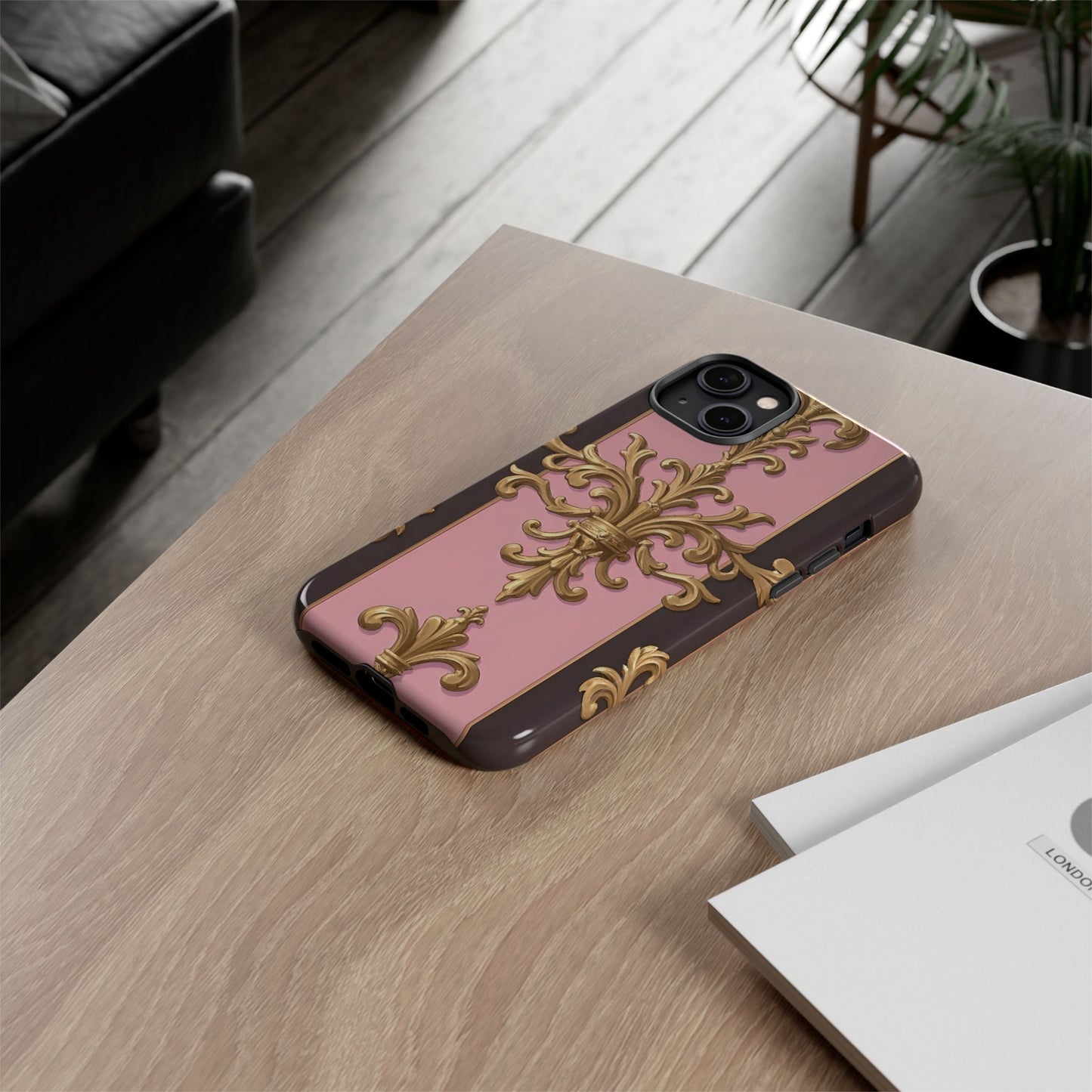 Elegant Floral Motif Phone Case - Tough Cases with Vintage Design - Pink & Brown Striped Gold Damask