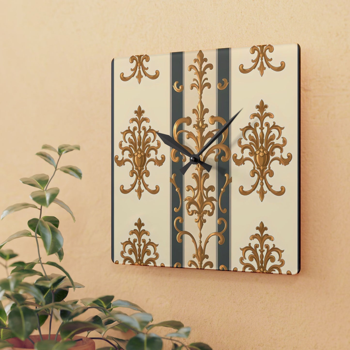 Bohemian Damask-Inspired Acrylic Wall Clock with Floral Design - Dusk Olive Striped Gold Damask