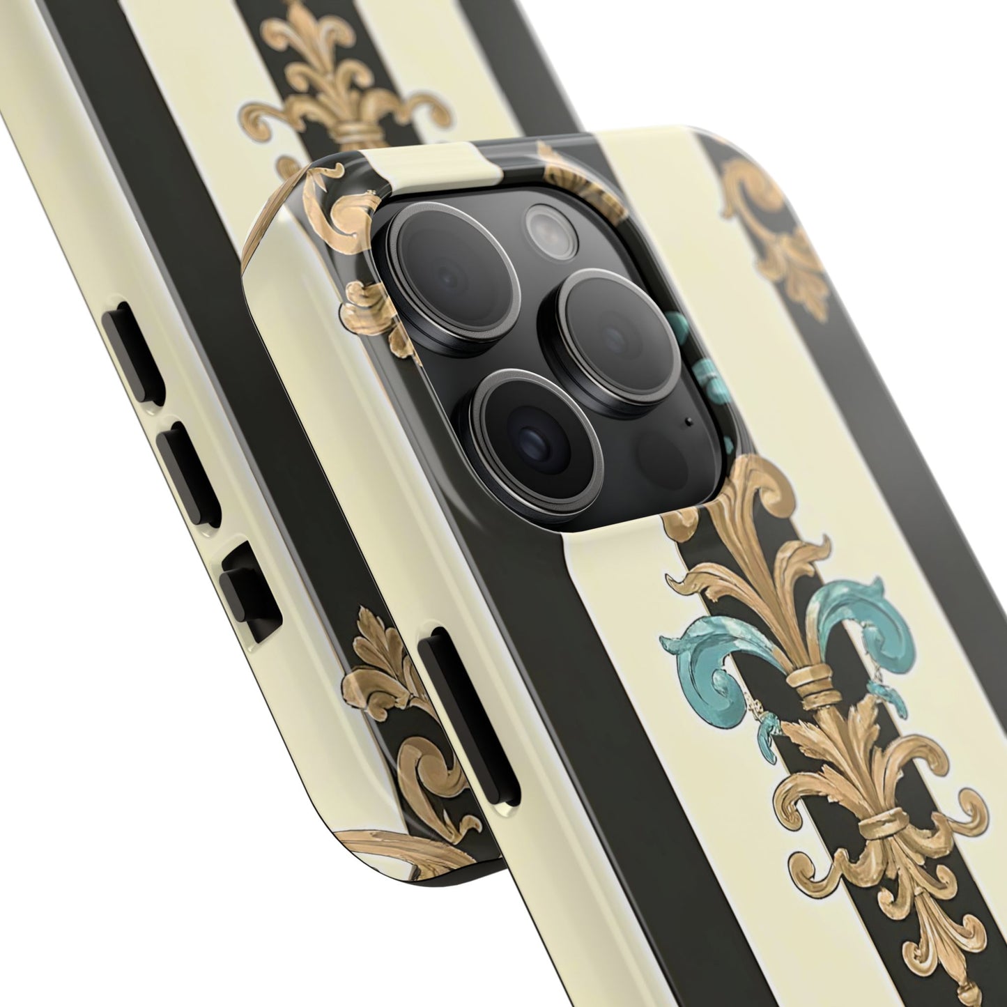 Elegant Vintage Tough Phone Cases, Stylish Phone Accessories, Quality Protection, Gifts for Her - Black Striped Turquoise & Black Rococo