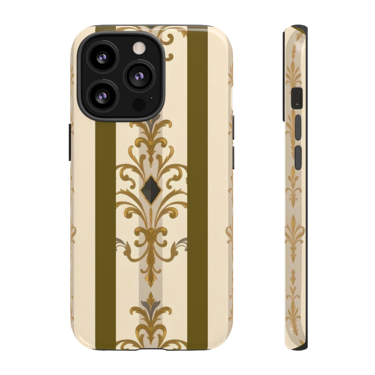 Elegant Floral Motif Phone Case - Tough Cases with Vintage Design - Olive Striped Gold Damask
