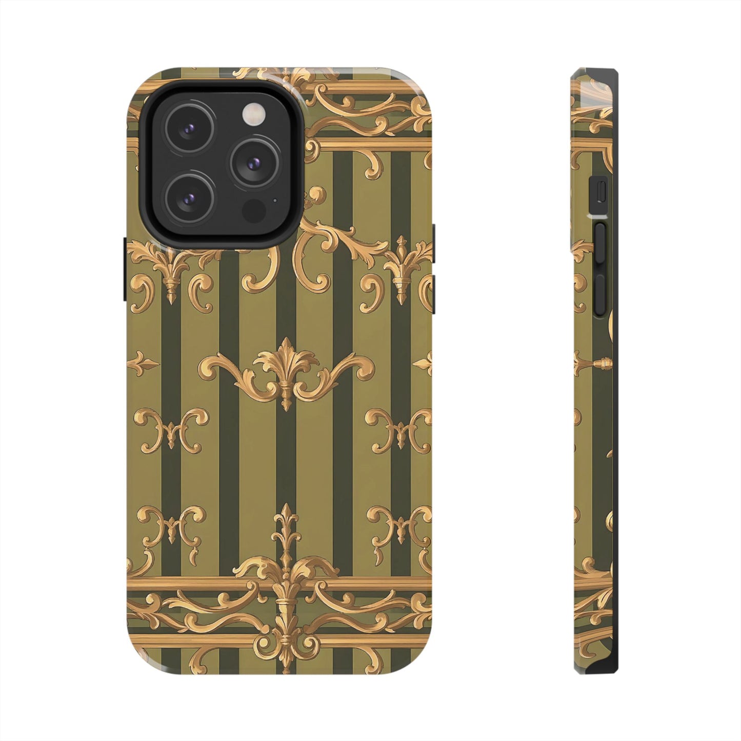 Elegant Vintage Phone Case - Tough Protection with Classy Design, Stylish Phone Cover for Fashion Lovers - Olive Green Striped Rococo