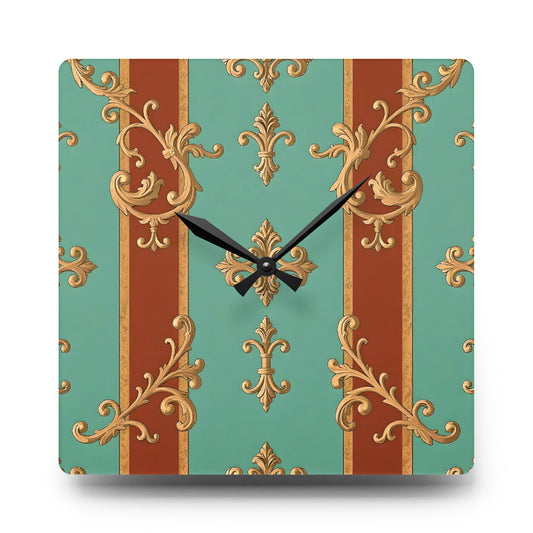 Elegant Vintage Acrylic Wall Clock - Timeless Home Decor - Rust & Mint Aqua Striped Baroque