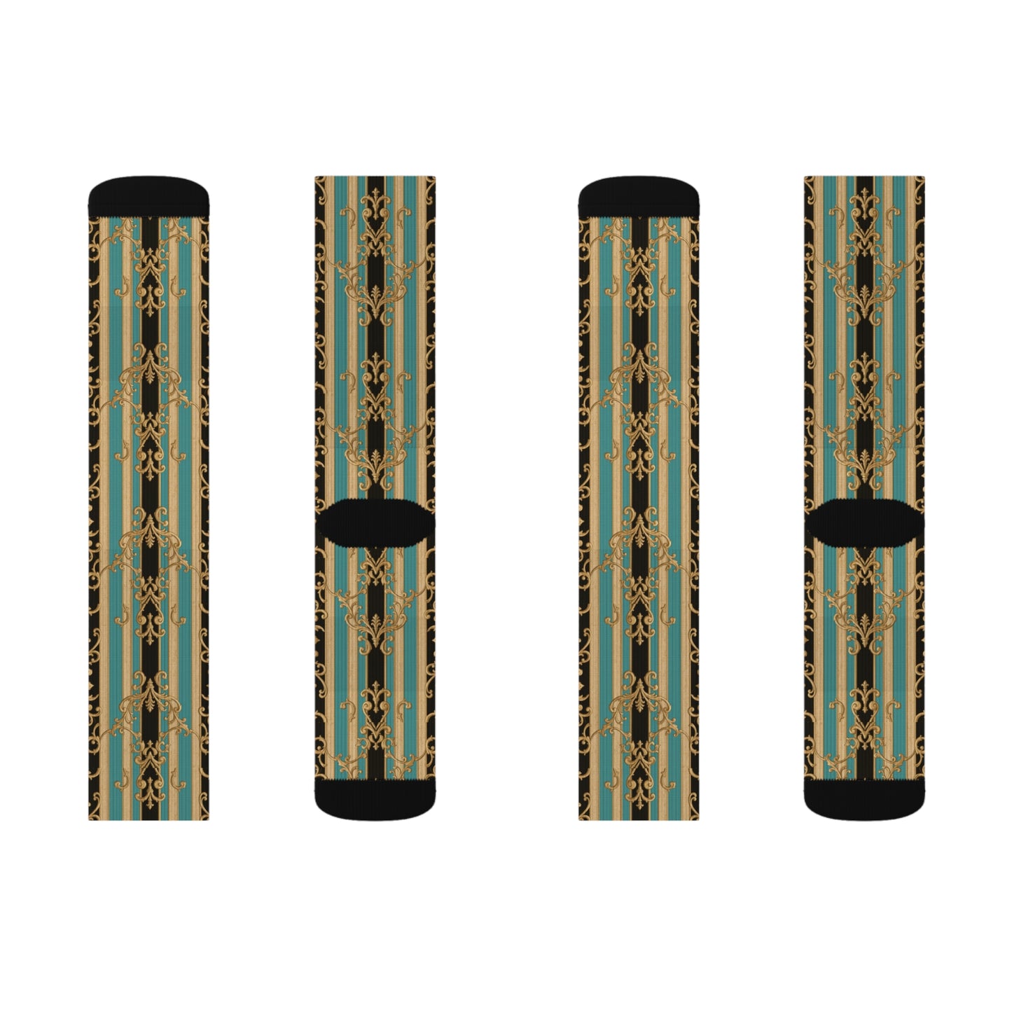 Stylish Black, Tan & Ocean Green Striped Gold Baroque Sublimation Socks, Unique Fashion Footwear, Trendy Gift for Fashion Lovers