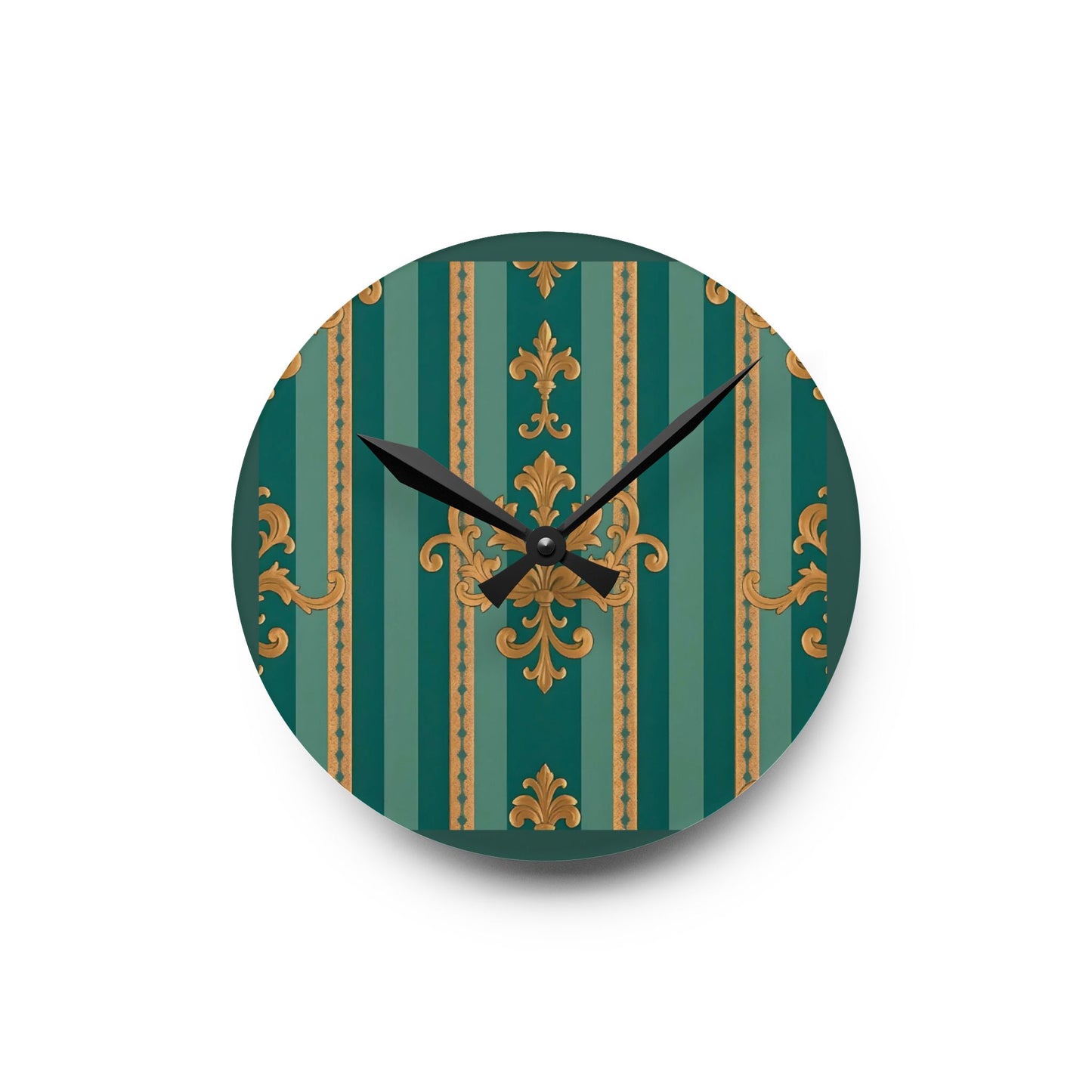 Bohemian Damask-Inspired Acrylic Wall Clock with Floral Design - Teal Striped Gold Damask